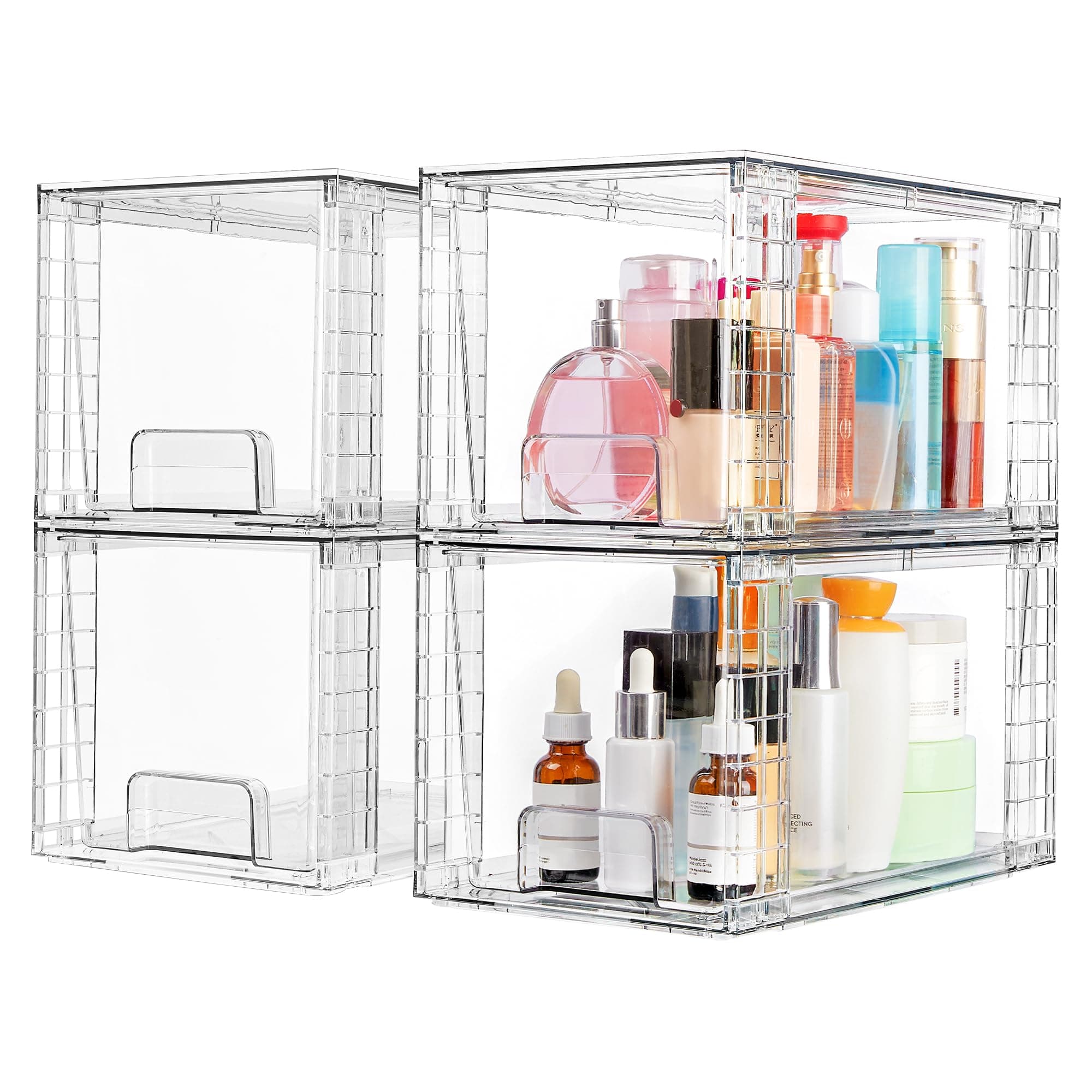 Vtopmart 4 Pack Large Stackable Storage Drawers, Easily Assemble Acrylic Bathroom Closet Undersink Organizers, Plastic Storage Bins for Kitchen Cabinets, Pantry, Makeup, Medicine Organization