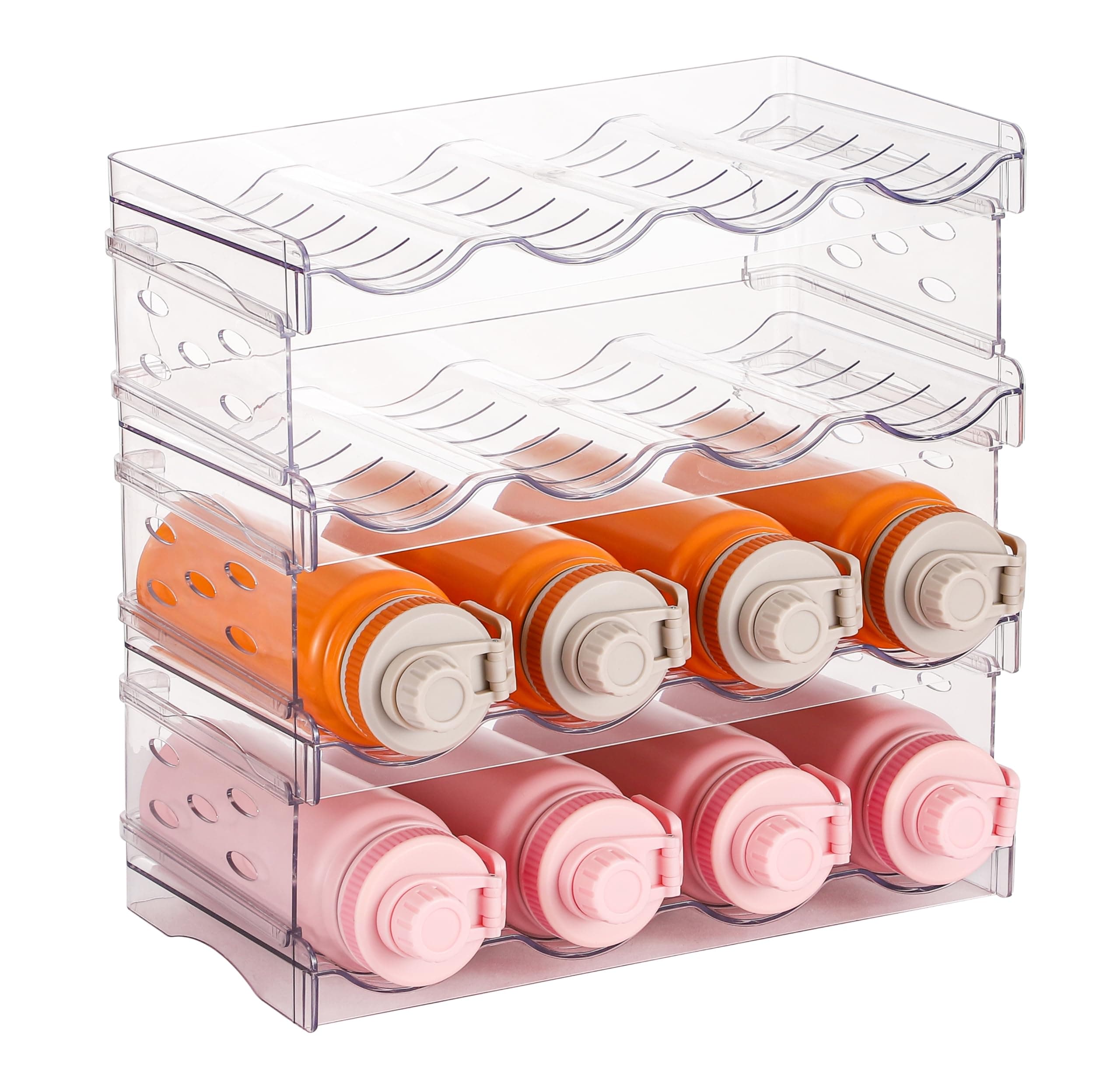 IEEKPlastic Stackable Bottle Storage Holder Rack Holds 16 Bottles,Free-Standing Water Bottle/Wine and Drink Organizer Shelf for Kitchen Cabinet,Fridge,Countertop,Pantry,Freezer,4 PackX4 Bottles,Clear