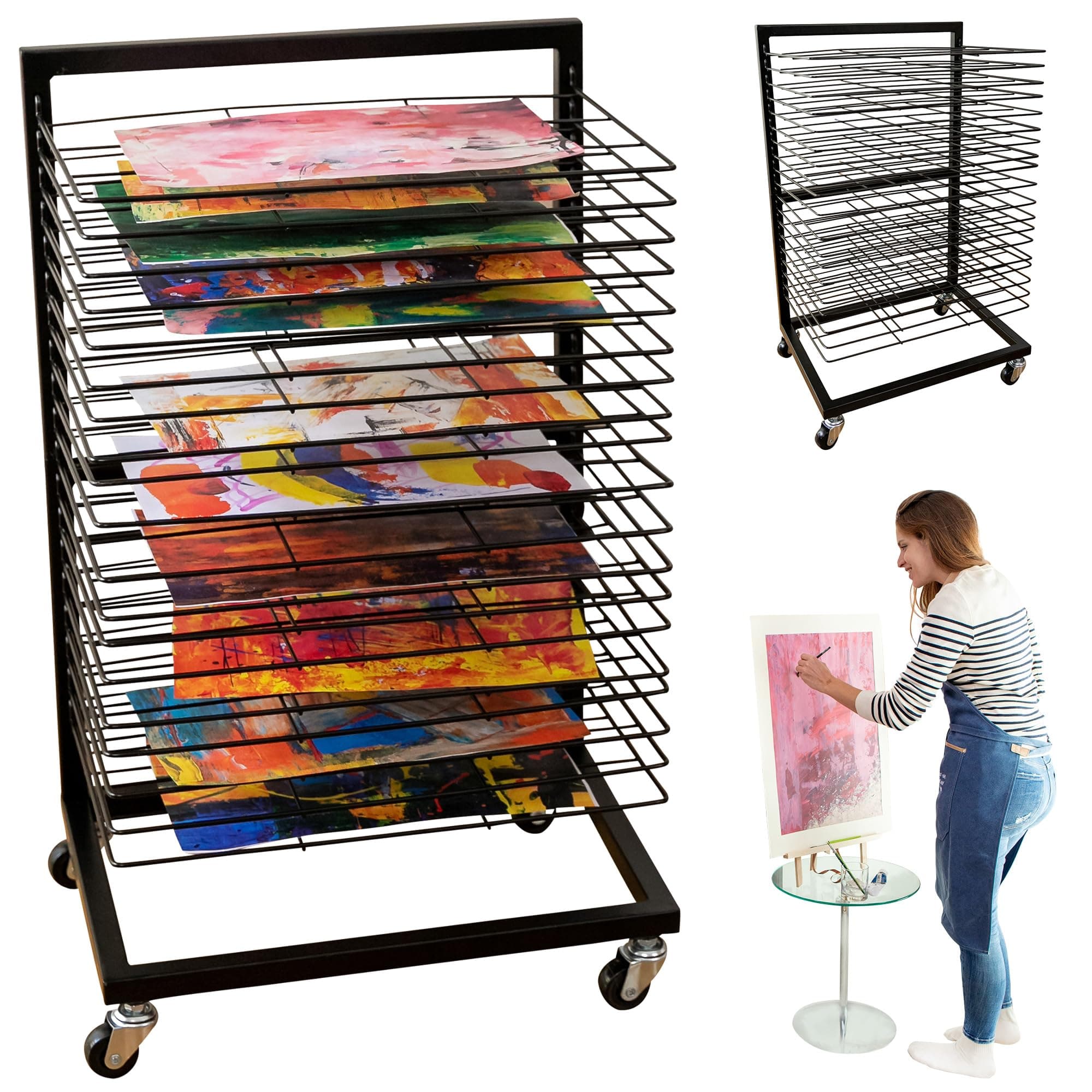 Art Drying Rack for Classroom | Functional & Mobile Paint Drying Rack | 25 Removable Shelves | Canvas Stand Art Storage | Painting Shelf with Wheels | Stack Stand for Painting, Drawings, and More