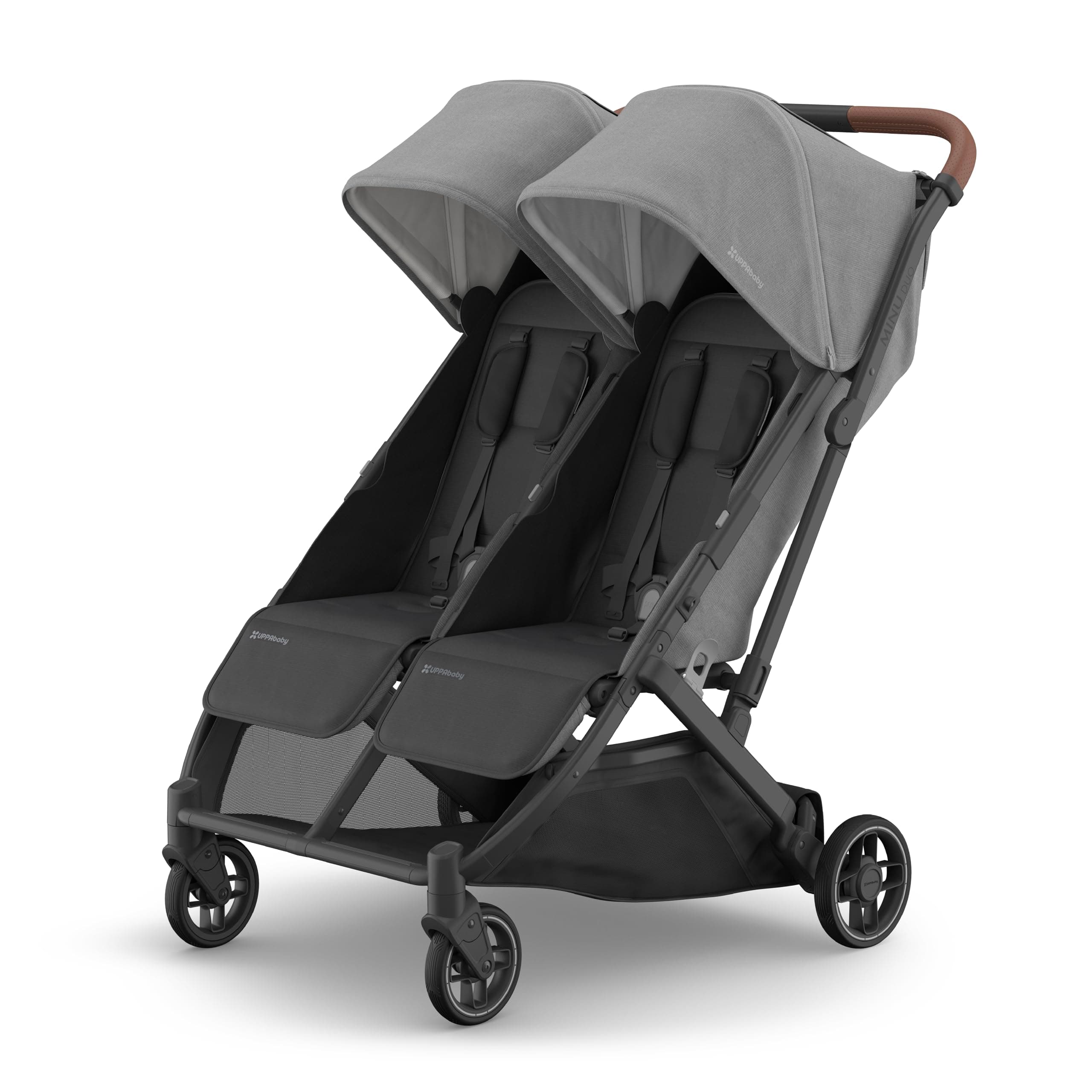 - UPPAbaby Minu Duo Side-by-Side Double Stroller - Lightweight + Compact Design for Travel - Easy Fold- From Birth to Toddler - Independent Recline -Greyson(Charcoal Mélange/Carbon Frame/Saddle Leather)