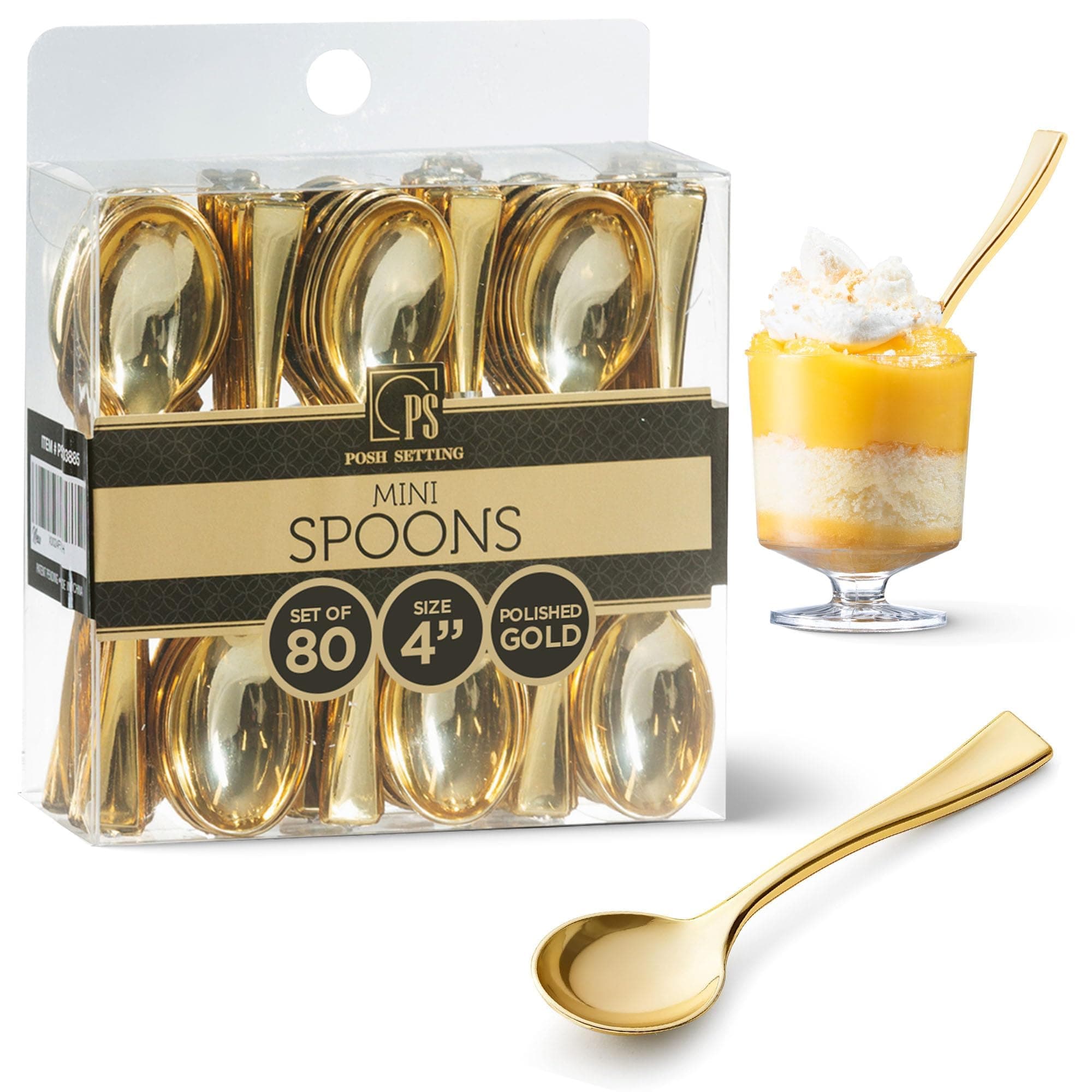 Posh Setting Disposable Gold Plastic Mini Spoons, 72 Count, 4 Inch, Great for Desserts, Sampling, or Appetizers