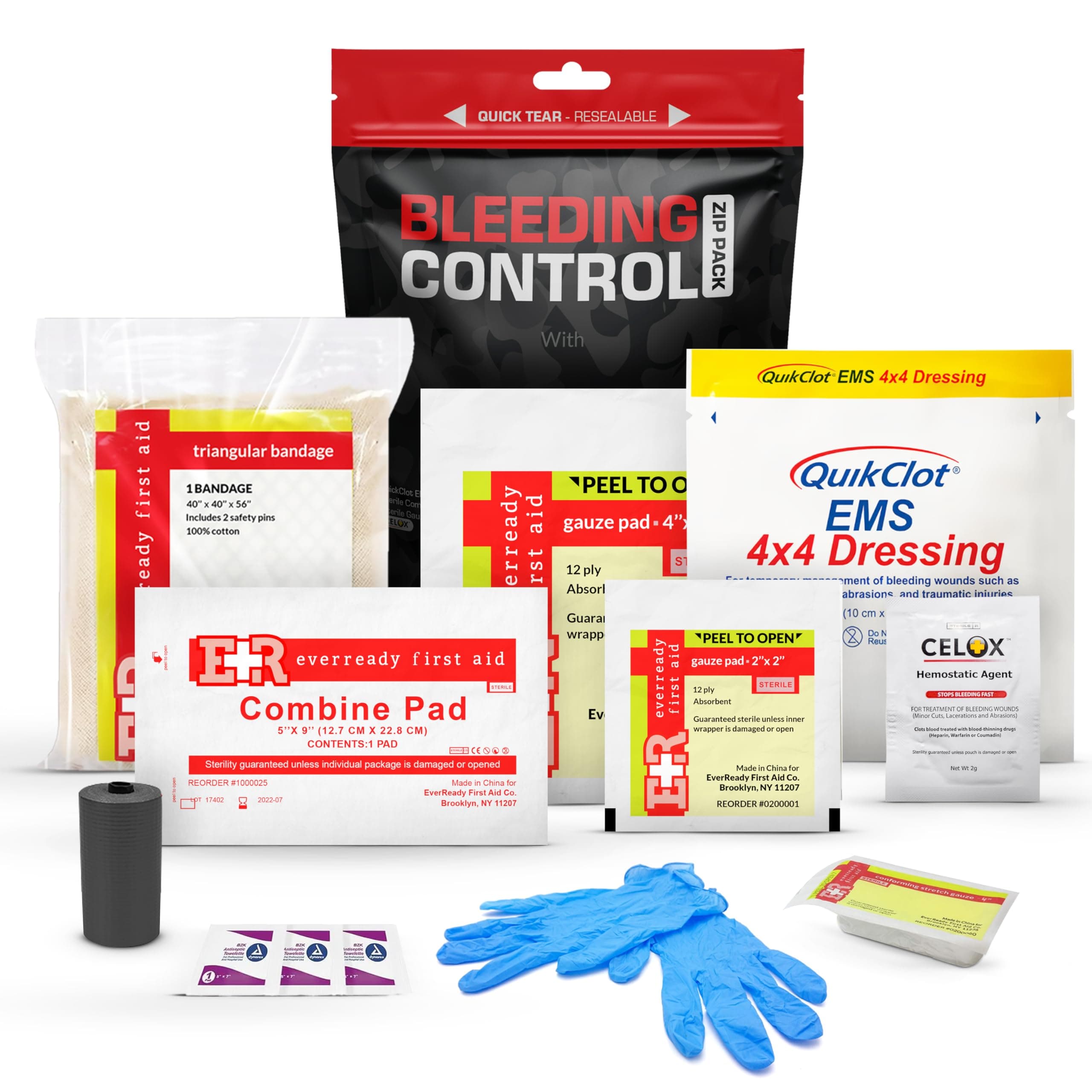 Bleeding Control Zip Pack with QuikClot, Celox, Gauze Pads, Triangular Bandage, BZK Wipes, Nitrile Gloves, Tape – Trauma First Aid Kit for Emergency Use