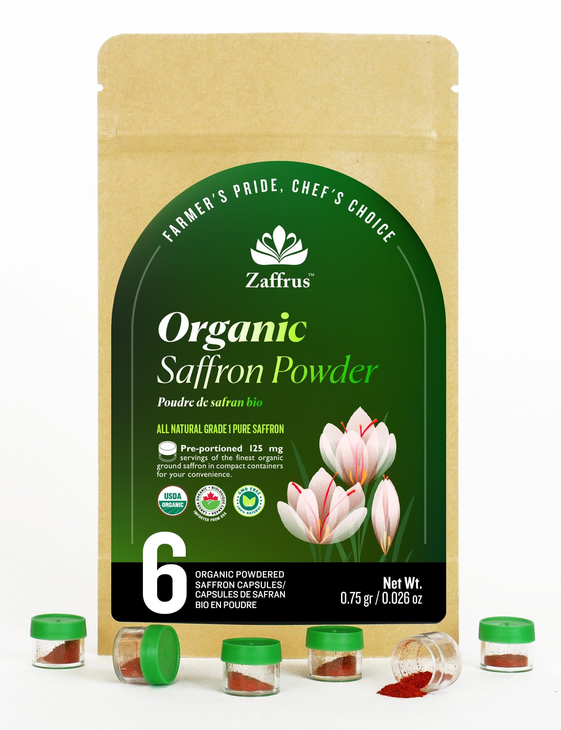 Zaffrus - Certified Organic Premium Saffron Powder for Cooking Saffron Rice, Paella, Risotto, Soup, Desserts & Herbal Teas. Pack of 6 (.75 gram/ .026 Oz)