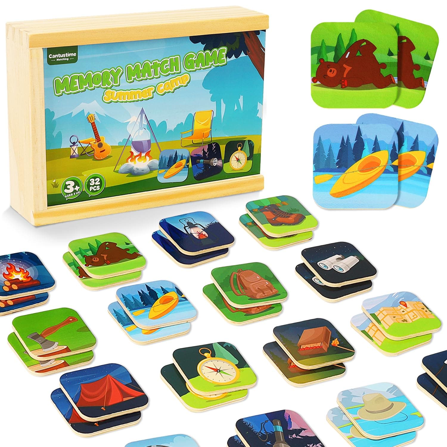 Memory Matching Game for Kids - 32pc Summer Camp Concentration Memory Card Matching Learning Toys Gifts for Preschool Toddler,Children,Boys and Girls Ages 3-5,3,4,5 and Up