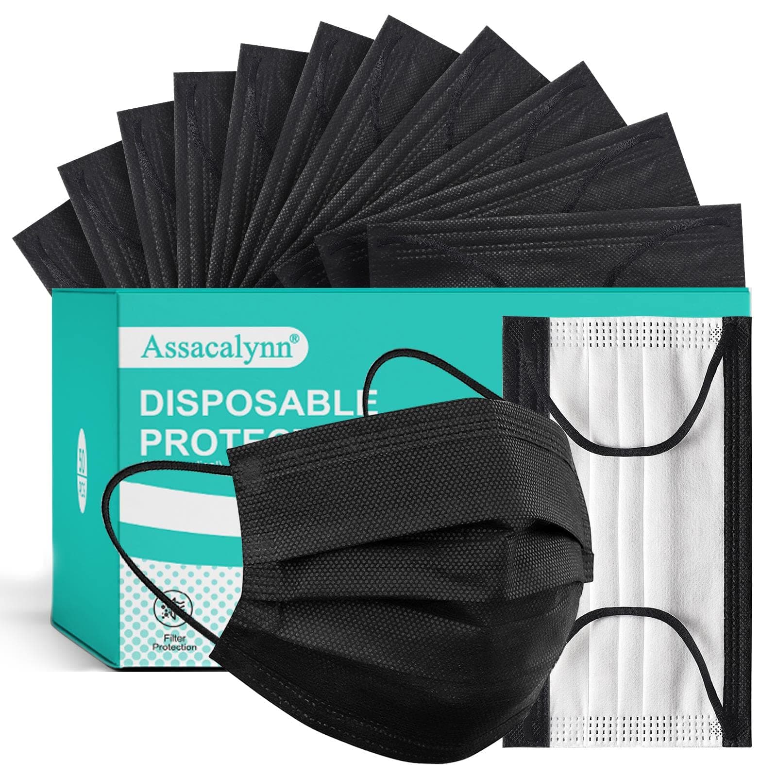 Disposable Mask 4 Layer 2023 Black Mask with White Inside, Breathable Single Use Dust Mask with Wider Soft Earloops for Adult Men Women Box 50 Pack