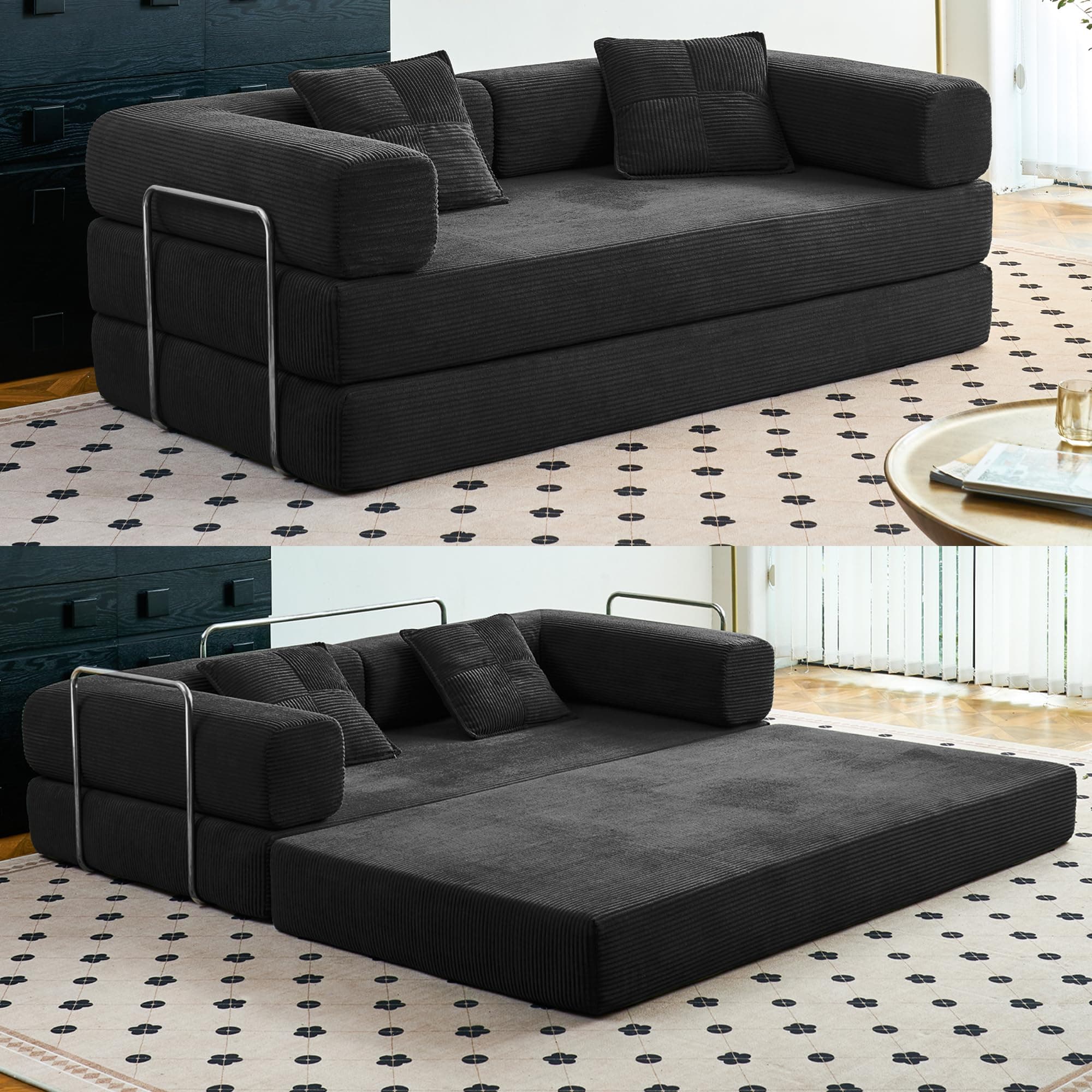 Compression Sofa - Convertible Floor Sofa Bed - with Pillow Back Support Armrest - Comfy Foldable Sofa Bed Compressed Sofa in Box - Corduroy Fabric - for Living Room Bedroom(Black)