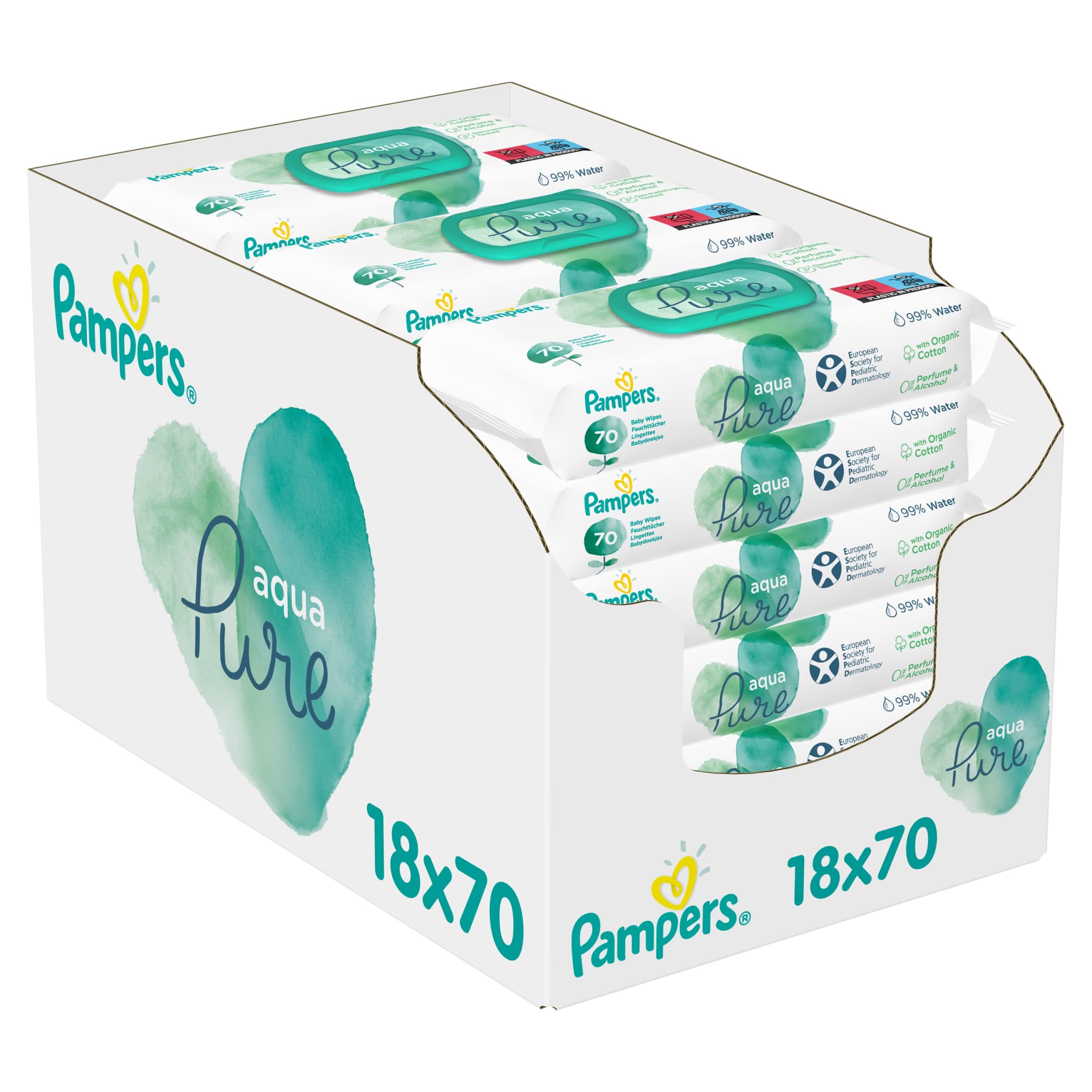Pampers Baby Wipes Multipack, Aqua Pure, 1260 Wet Wipes (18 x 70), Baby Essentials For Newborn, Made With Organic Cotton For A Soft Touch