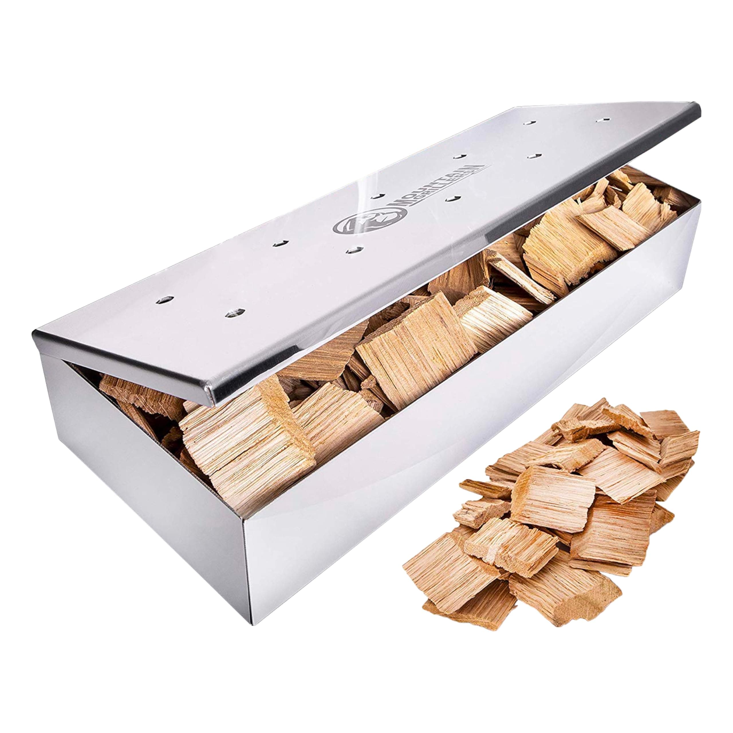 Grill Smoker Box for Wood Chips - Bbq accessories compatible with Big Green Egg and Gas, Electric or Charcoal BBQ grill. Smoking accessories to get Smoky Barbecue Flavored Grilled Meat Stainless Steel