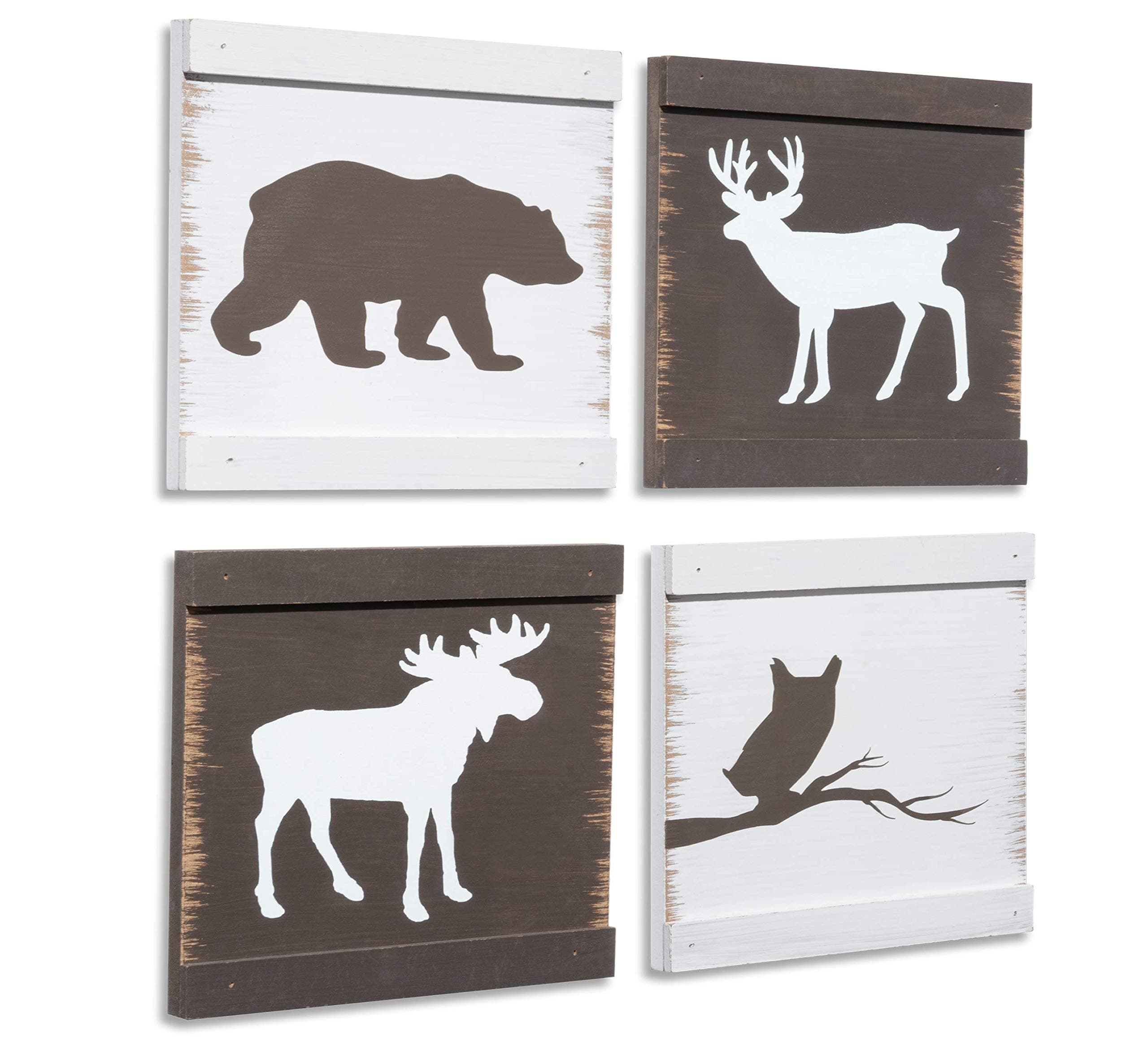 Home Rustique Rustic Cabin Decor Bear Moose Owl and Deer Wooden Wall Decoration (Set of 4, White + Brown) - Woodland Lodge Decor - Hunting Decor - Cabin Wall Decor