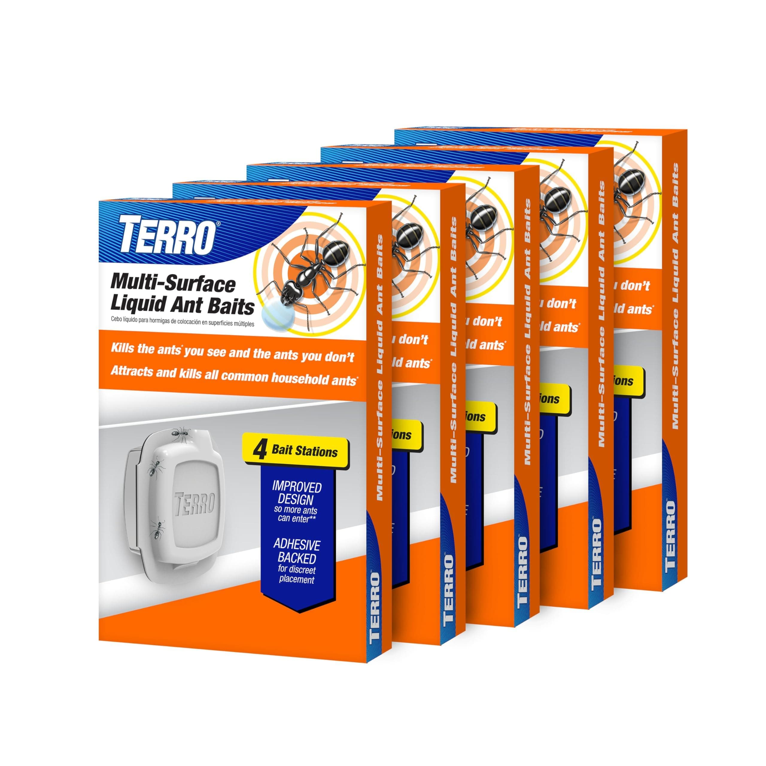TERRO Indoor Liquid Ant Baits with Adhesive Strips for Discreet Baiting - TERRO Ant Trap and Bait Station - 5 Pack, 20 Baits - T334B