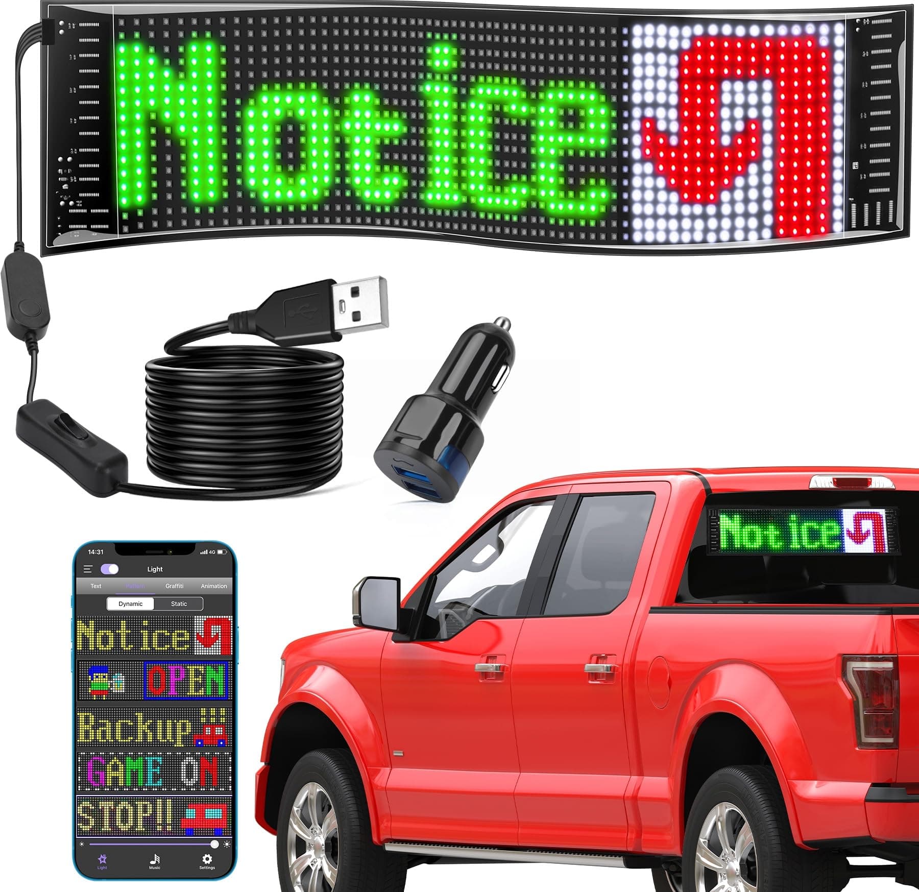 Led Sign, Bluetooth App Programmable Led Car Sign, USB 5V Scrolling Message Led Matrix Panel, Custom Digital Display Board for Shop Advertising
