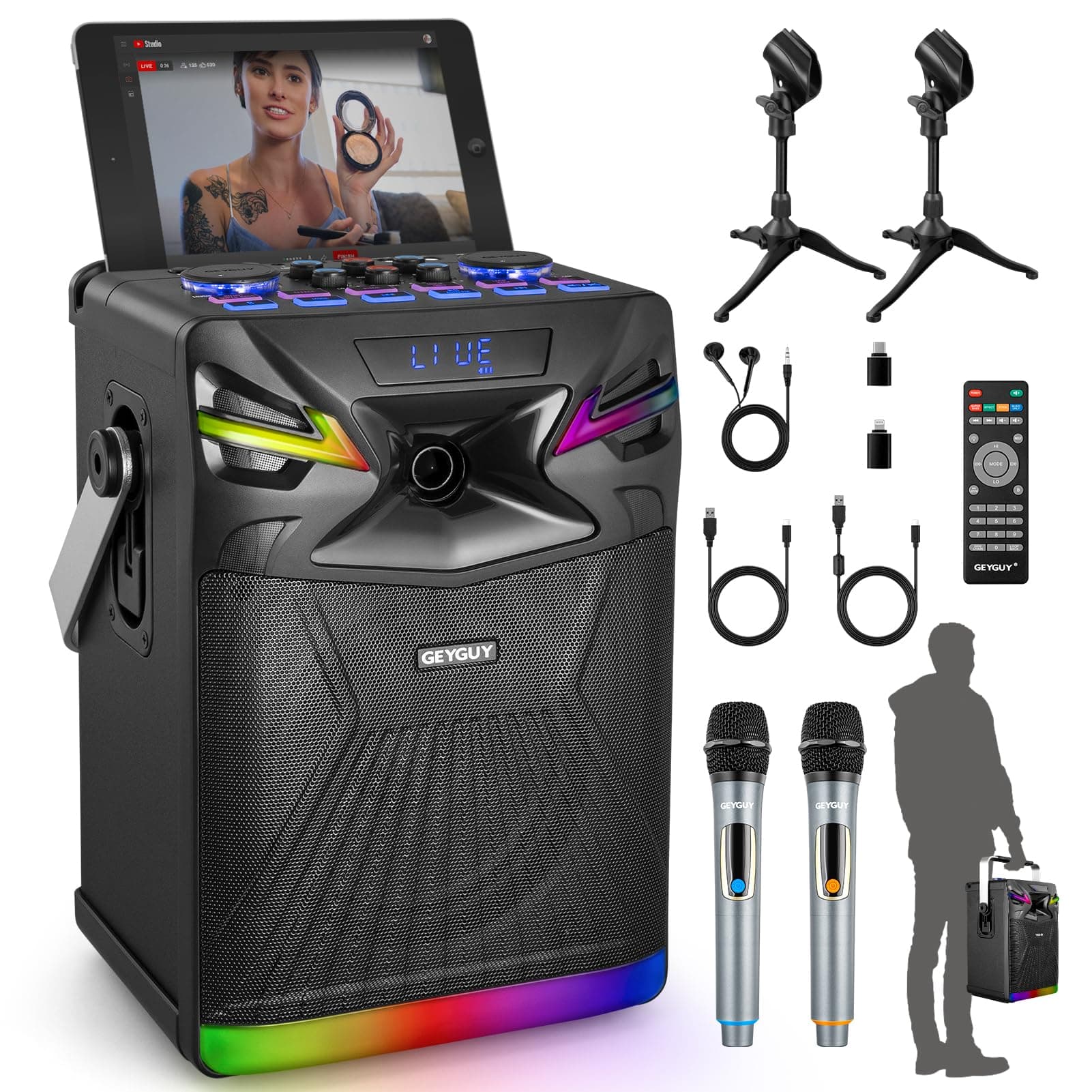 GEYGUYGPSK-1 DSP Bluetooth Karaoke Machine with 2 Wireless mic for Outdoor Projector, Portable PA System Support Live Streaming with Sound Effects/DJ Lights/FM for Recording, YouTube, iOS, Android