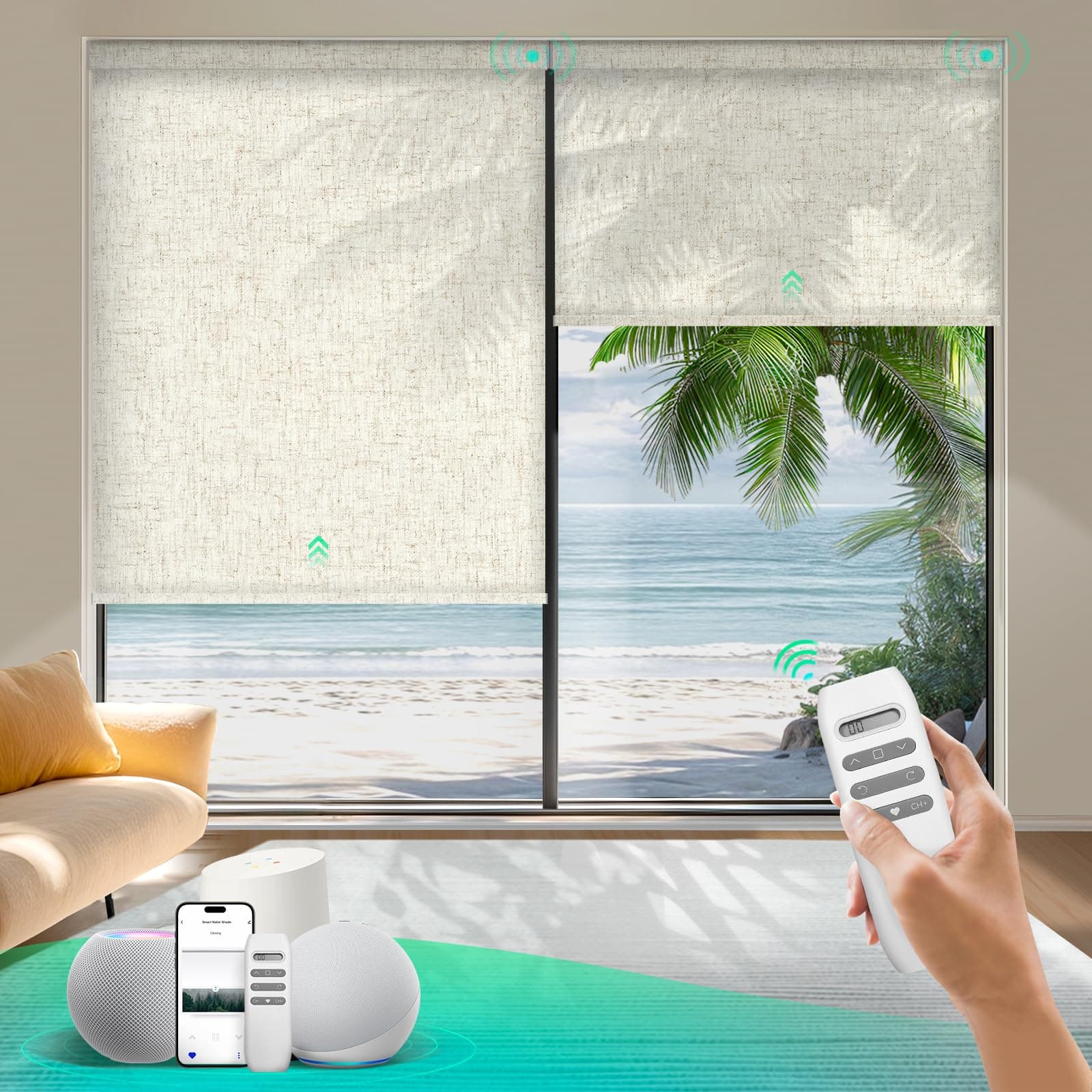 - HeyBlinds Motorized Roller Shades, Smart Blinds for Windows, Remote Automatic Window Shades, Electric Shades, Light Filtering, Compatible with Alexa Google Apple Home (Nature-Oatmeal LF)