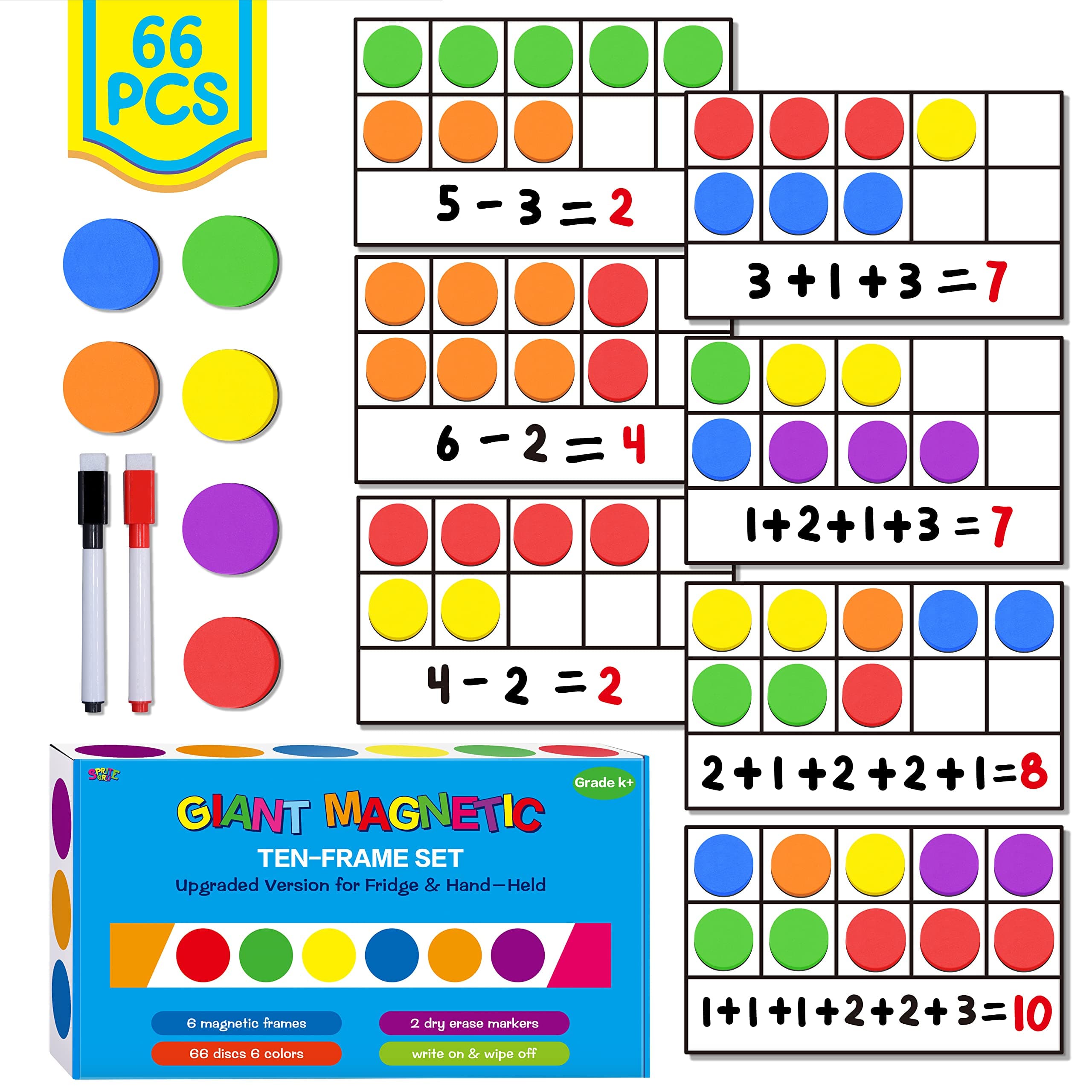 Magnetic Ten-Frame Set,6 Frames(with Blank Writing Space) and 66 Colorful Discs with 2 Markers (Upgraded Version for Fridge & Hand-held)