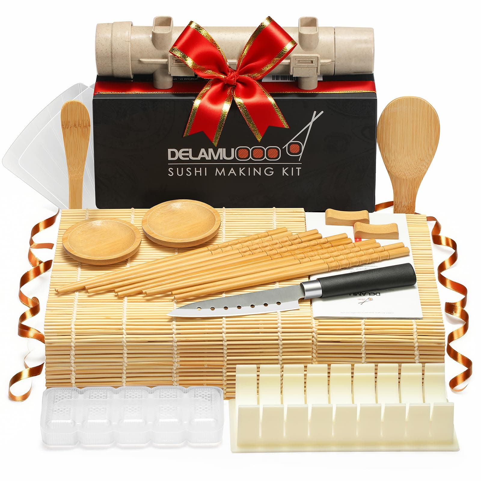 Sushi Making Kit, 20 in 1 Bazooka Roller Kit with Chef’s Knife, Bamboo Mats, Rice Mold, Temaki Sushi Mats, Rice Paddle, Spreader, Chopsticks, Sauce Dishes, Guide Book