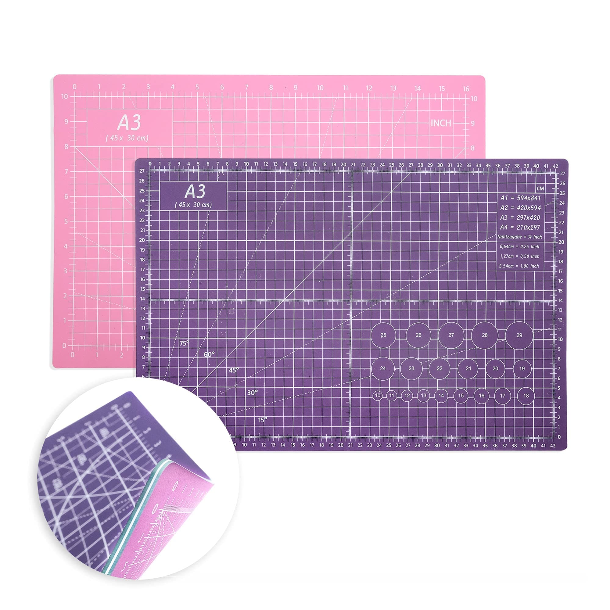 TCAIRG Self Healing Cutting Mat 18 inchx12 inch Non-Slip PVC Double Sided 5-Ply A3 Art Craft Rotating Mat,Sewing Crafts Hobby Fabric Precision Scrapbooking Project(Pink/Purple)