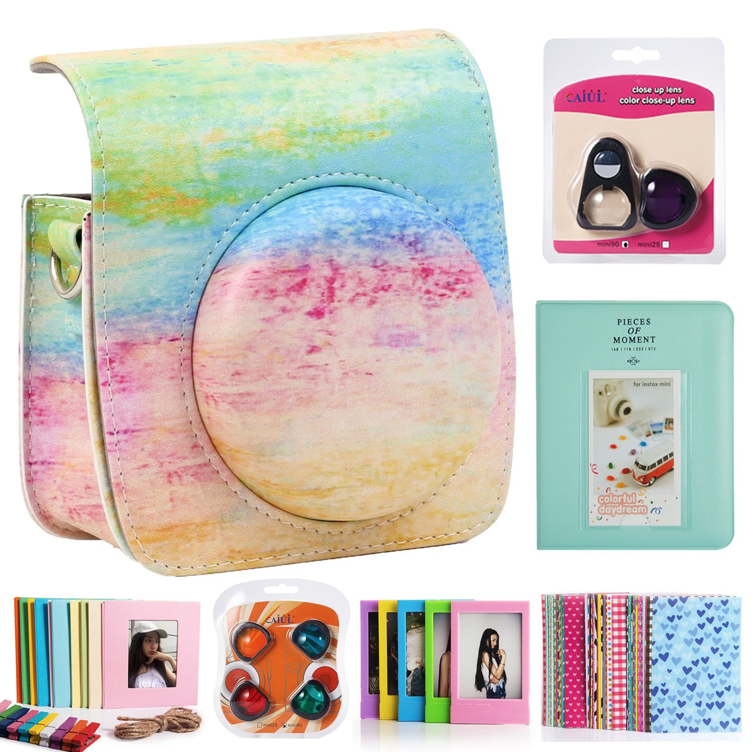 CAIUL Compatible Mini 90 Camera Accessories Bundle, 7 Items with Case, Photo Album, Filters, Frames and Other Accessories for Fujifilm Instax Mini 90 Neo Classic Instant Film Camera(Rainbow Mist)