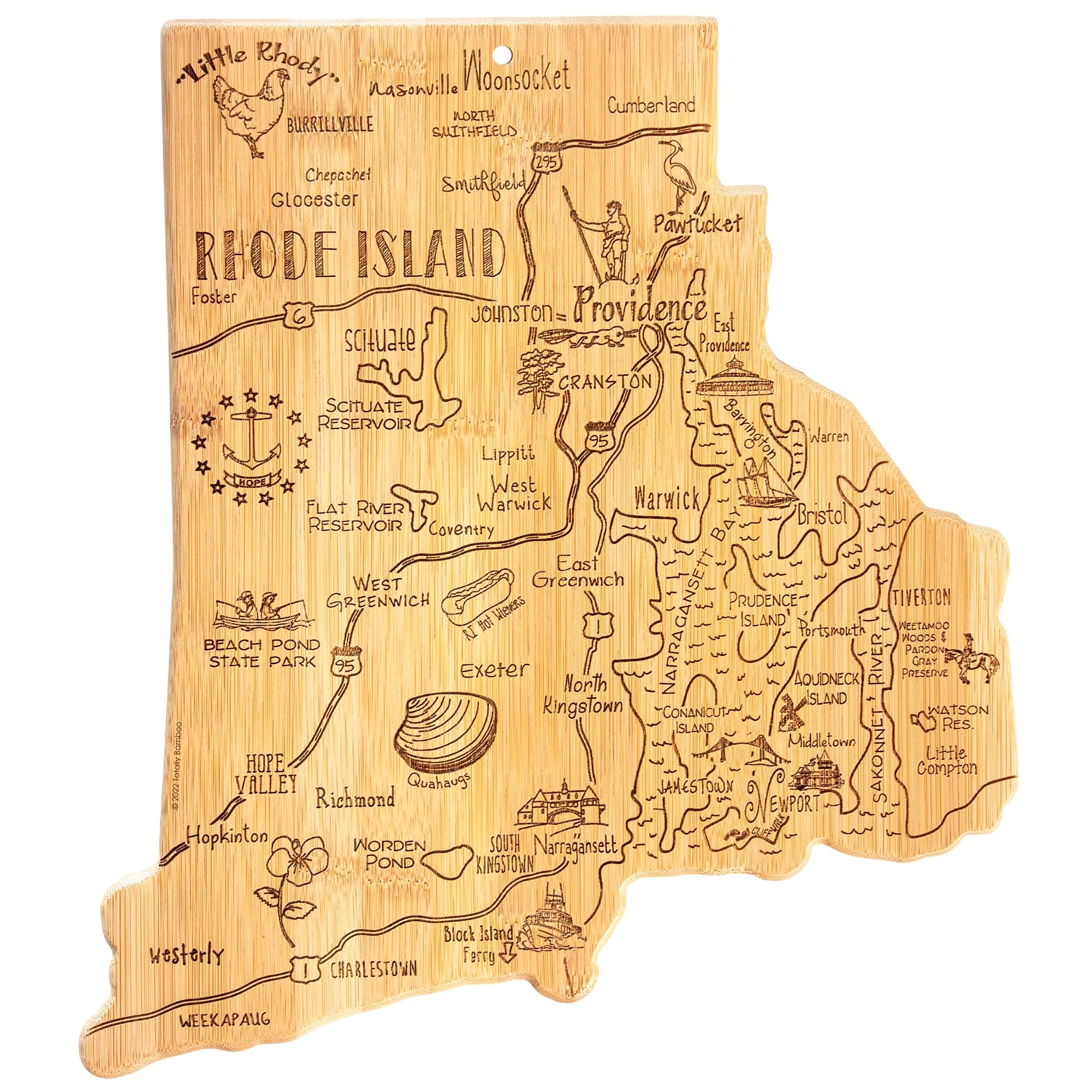 Destination Rhode Island State Shaped Serving and Cutting Board, Includes Hang Tie for Wall Display