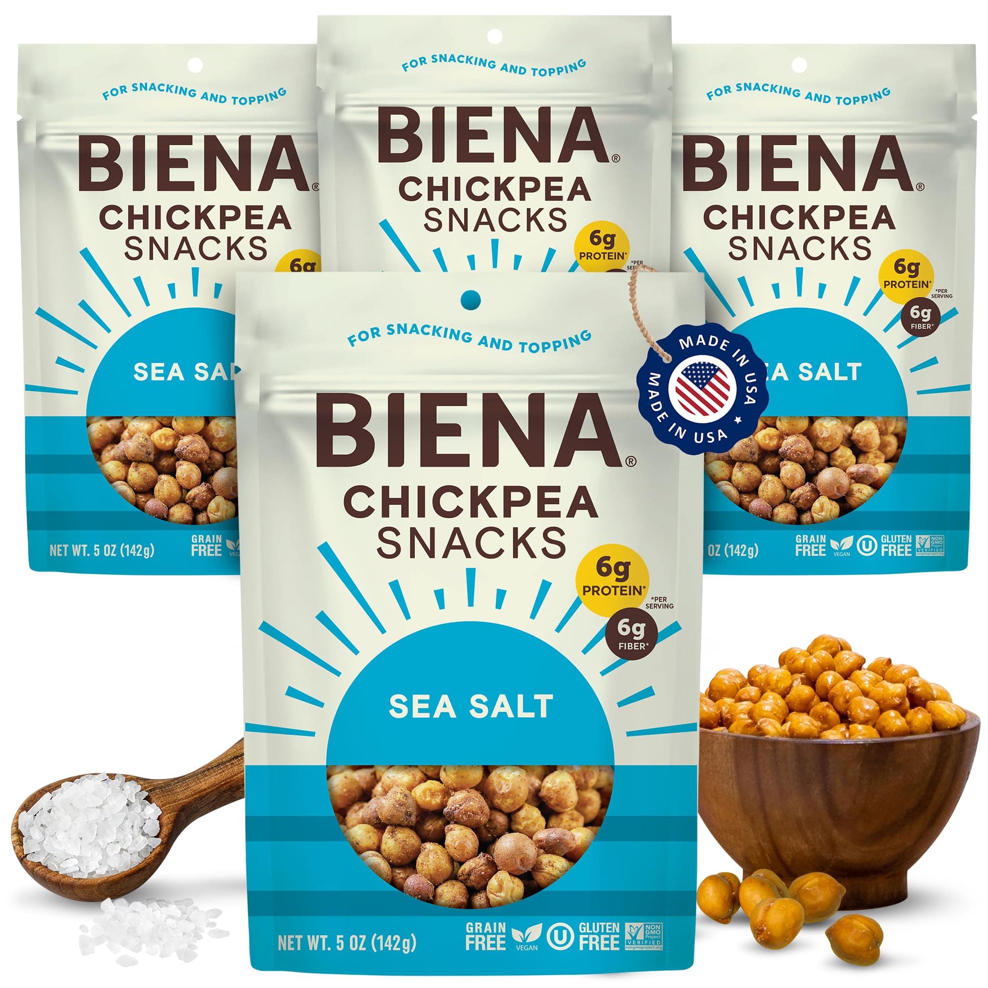 Chickpea Snacks - Crunchy Roasted Chickpeas - High Fiber Vegan Protein Snacks for Adults and Kids - 4-Pack, 5 Ounce Bags - Sea Salt
