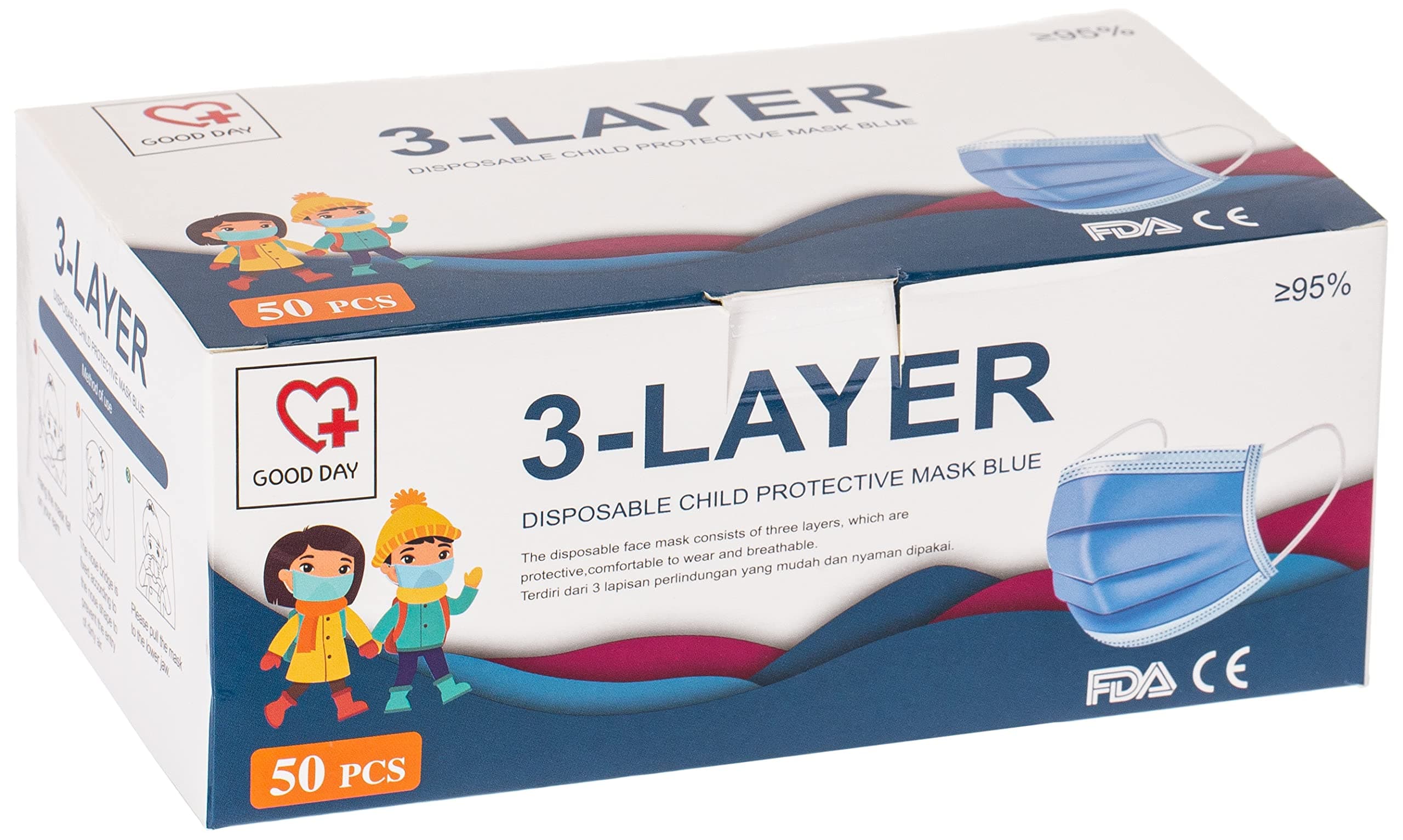 Disposable Child Protective Mask 3Layers Filtering Blocking Droplets Face Mask for Kids-Unisex (Non-medical) - 50pcs