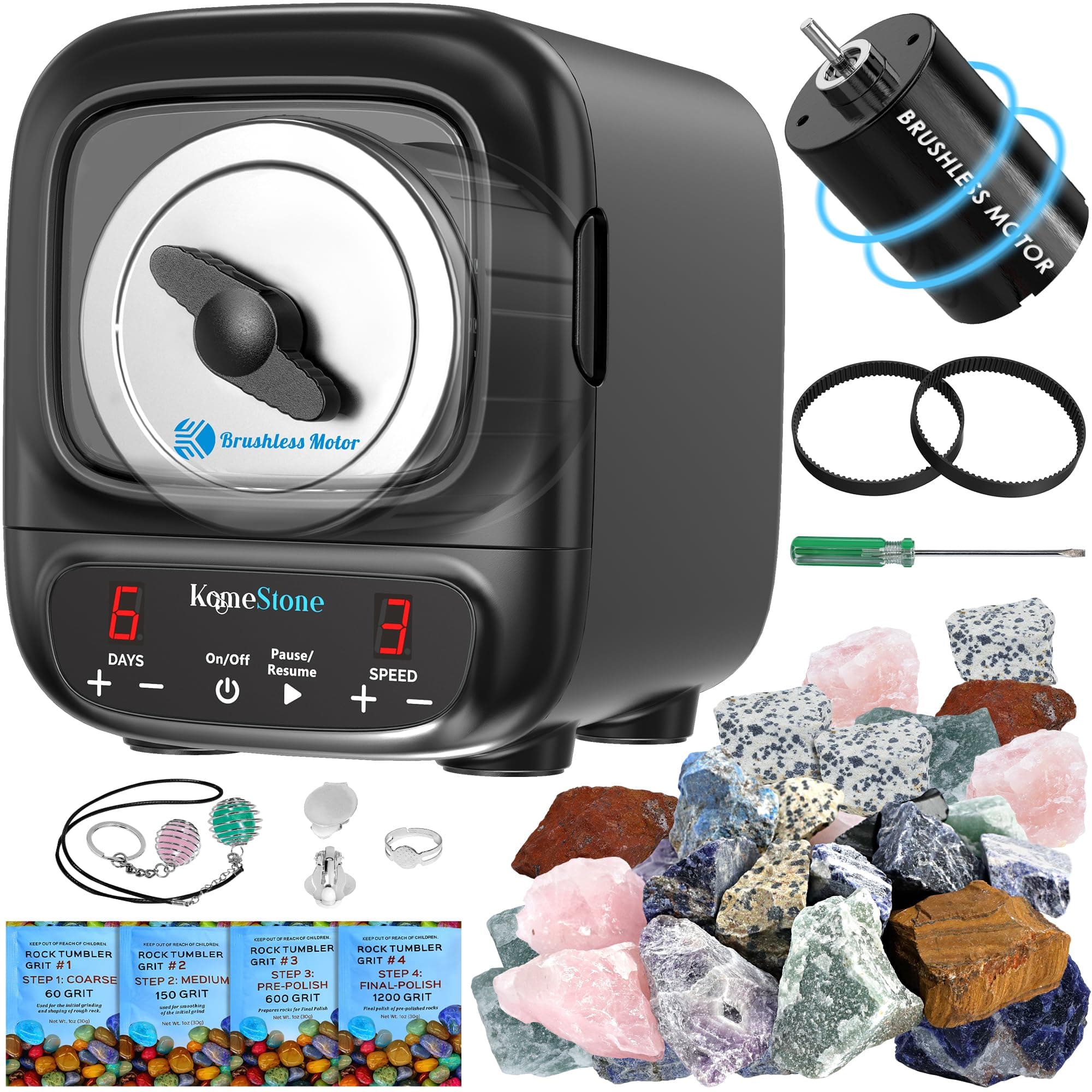 KomeStone K2 Elite Professional Rock Tumbler Kit, Ultra Quiet & Cutting Edge Brushless Motor Rock Polisher for Adults & Rock Collector, Noise-Reduction, Extra Large 3 Lbs Barrel, STEM Gift for All Age