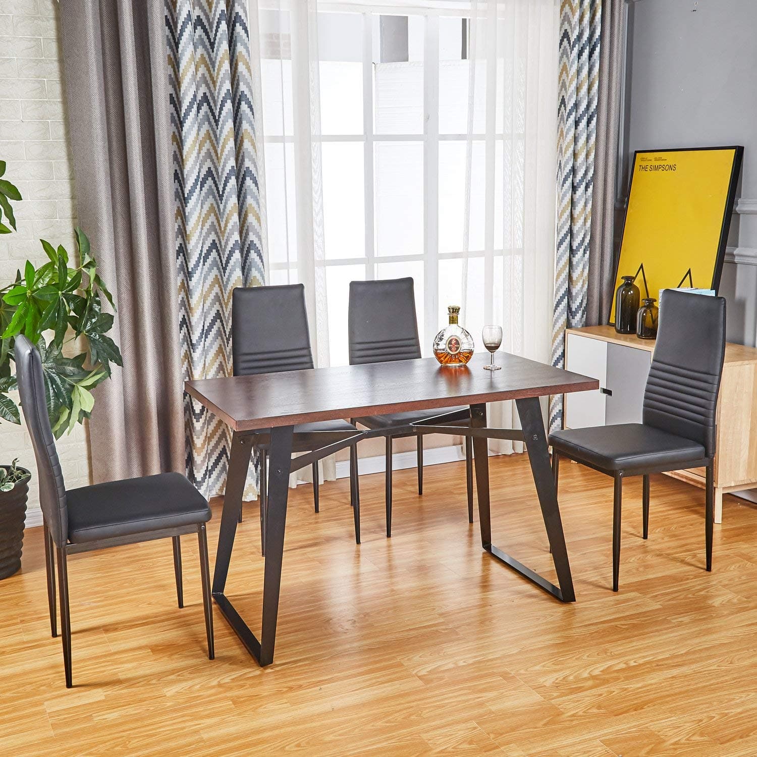 Modern Dining Table Dining Chair for Customized Combination | 1 Kitchen Room Table / 4 Black Chairs / 5pcs Table Set, Industrial Rectangle Table PU Leather Upholstered Cushion Side Chairs