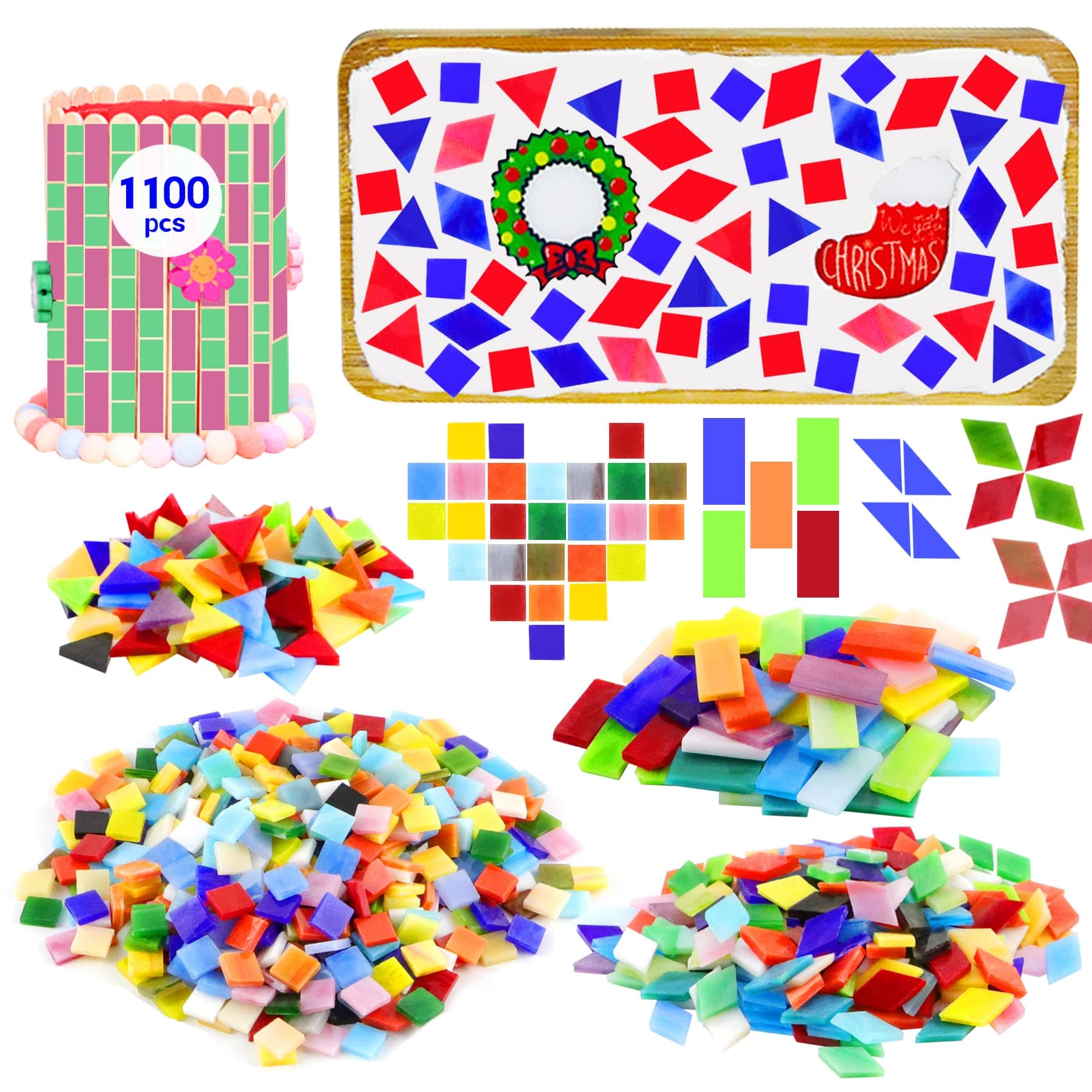 1100 Pcs Mosaic Tiles, Glass Mosaic Tiles for Crafts Bulk, Stained Mosaic Glass Pieces, Mosaic Supplies for Home Decoration, Art Crafts, DIY Projects, Opaque (Mixed Shape)