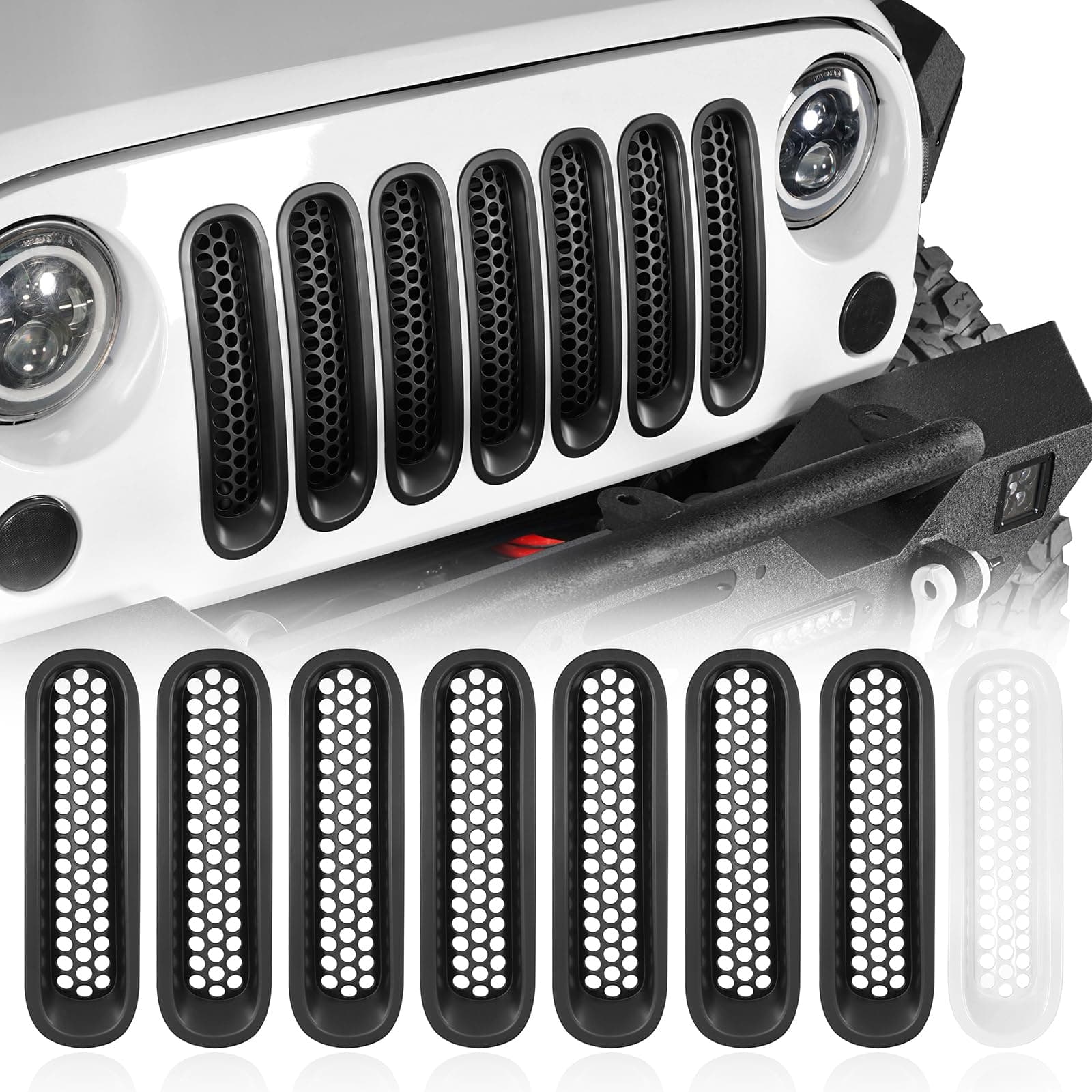 Matte Black Grill Inserts Front Mesh Grille Cover for 2007-2015 Jeep JK Wrangler & Unlimited Wrangler Accessories (7PCS Black + 1PCS White)