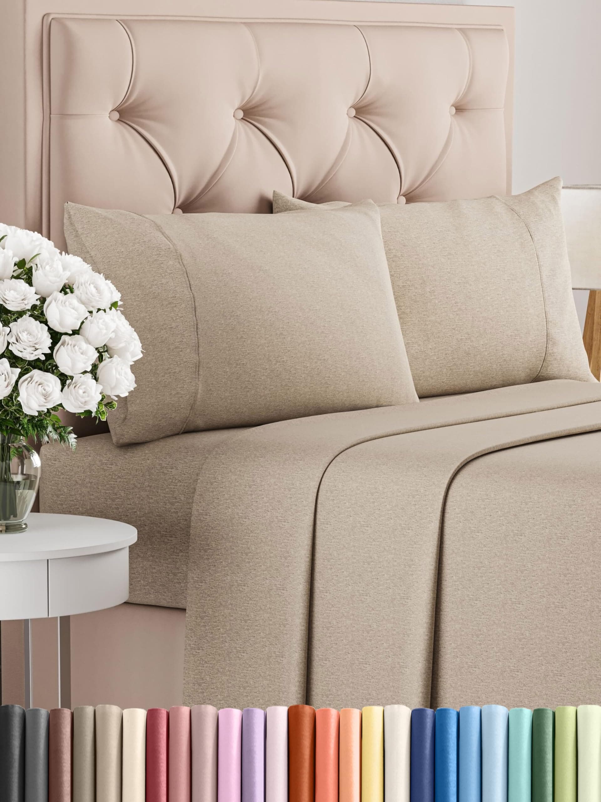 Full Size Sheet Set - Breathable & Cooling Sheets - Softer Than Jersey Cotton - Same Look as Jersey Knit Sheets & T-Shirt Sheets - Deep Pockets - 4 Piece Set - Wrinkle Free - Heathered Beige - 4 PC