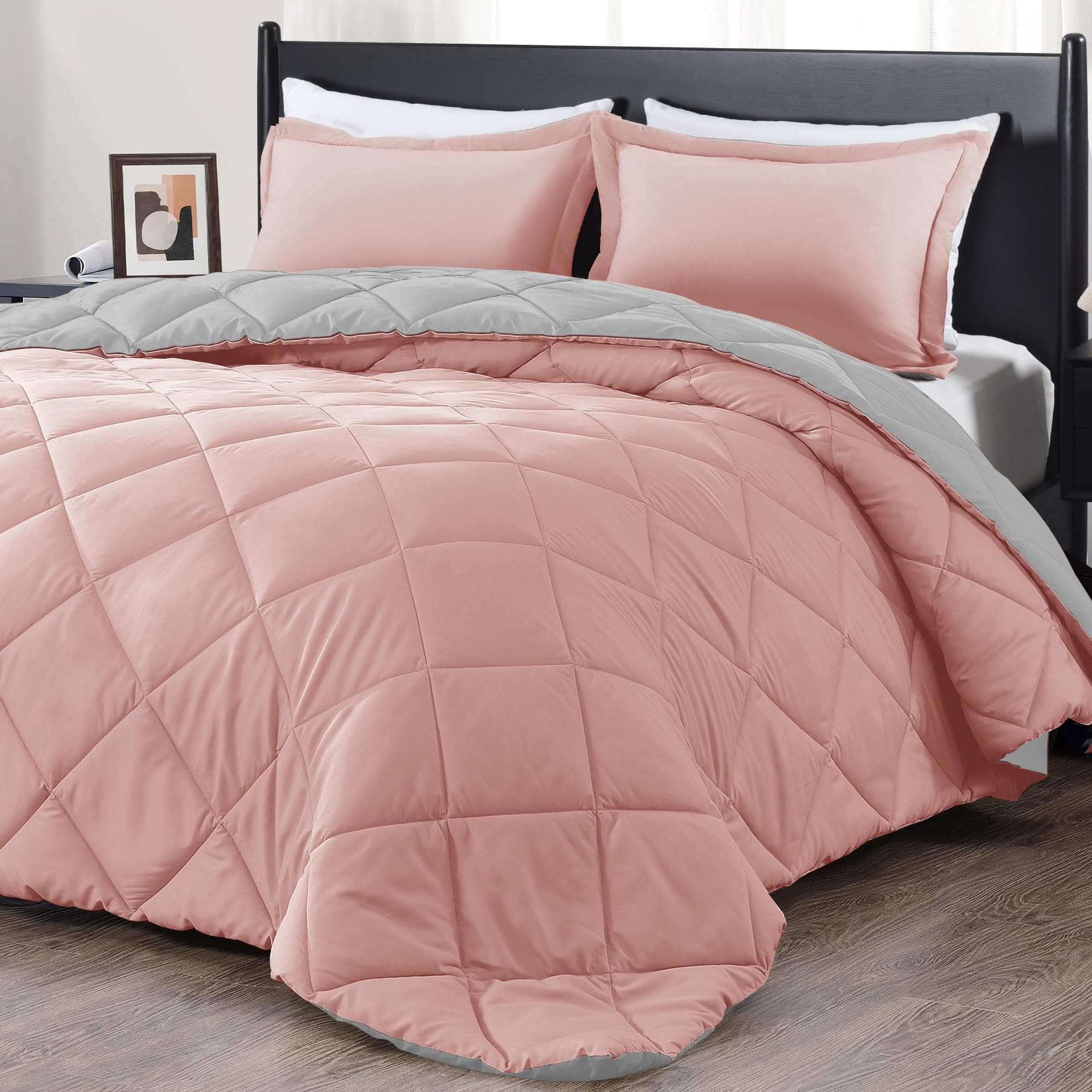 downluxe Queen Comforter Set - Pink and Grey Soft Bedding Comforter Set for All Seasons - 3 Piece - 1 Comforter (88"x92") and 2 Pillow Shams (20"x26")