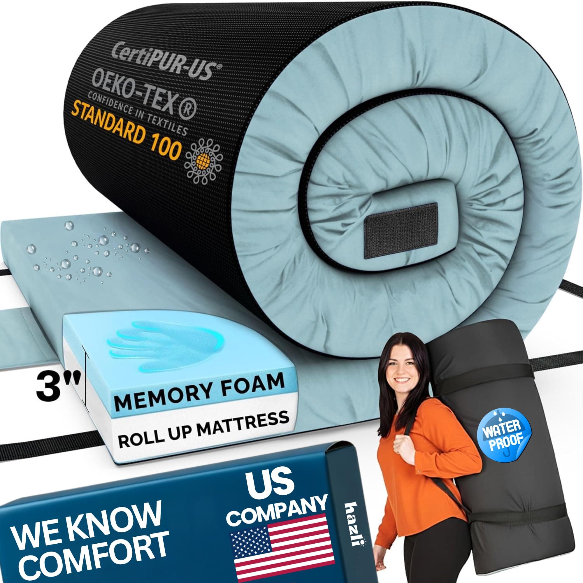 Most Comfortable Memory Foam Roll Up Mattress - Waterproof Foldable Floor Mattress - Portable Foam Sleeping Pad with Travel Straps – Camping Mat Pad Bed Roll