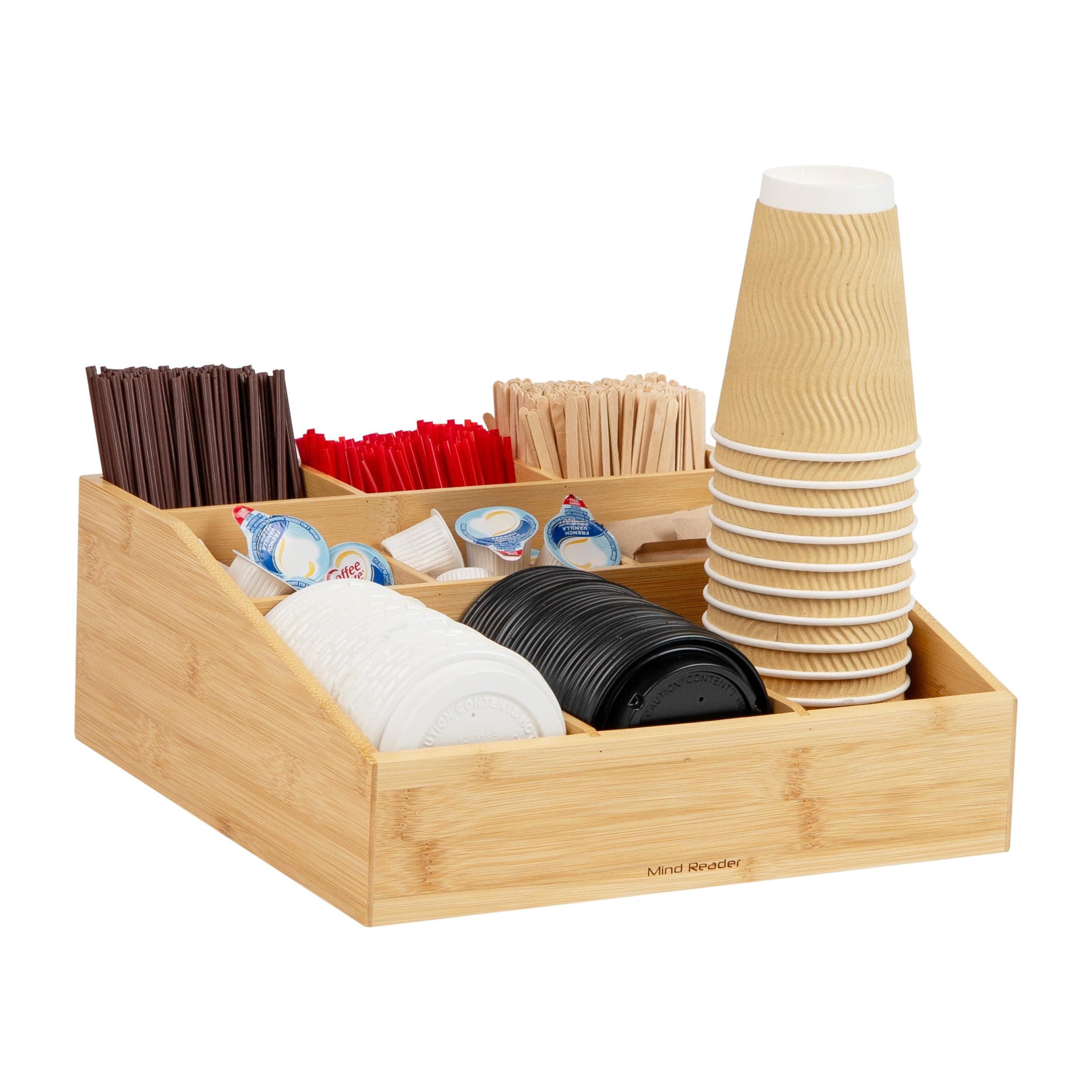Mind Reader Coffee Condiment And Accessories Caddy Organizer With 9 Organizing Compartments, Bamboo Brown