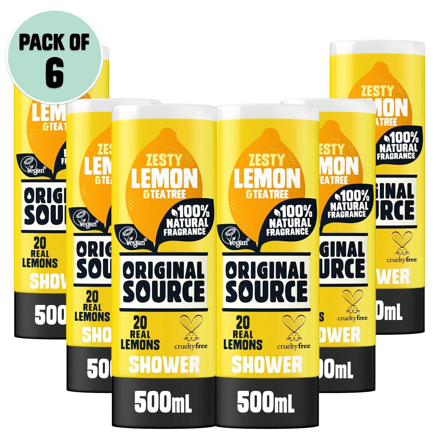 Original Source Lemon & Tea Tree Shower Gel, 100 Percent Natural Fragrance, Vegan, Cruelty Free, Paraben Free, Bulk Buy, Pack of 6 x 500 ml