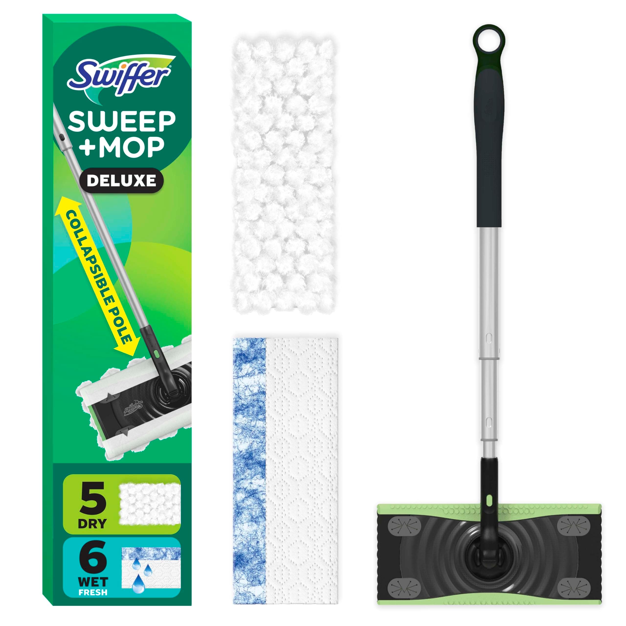 Sweep & Mop Deluxe 2-in-1 Multi-Surface Kit for Floor Cleaning, Includes 1 Sweeper Device, 5 Dry Sweeping + 6 Wet Mopping Heavy Duty Cloths, Black