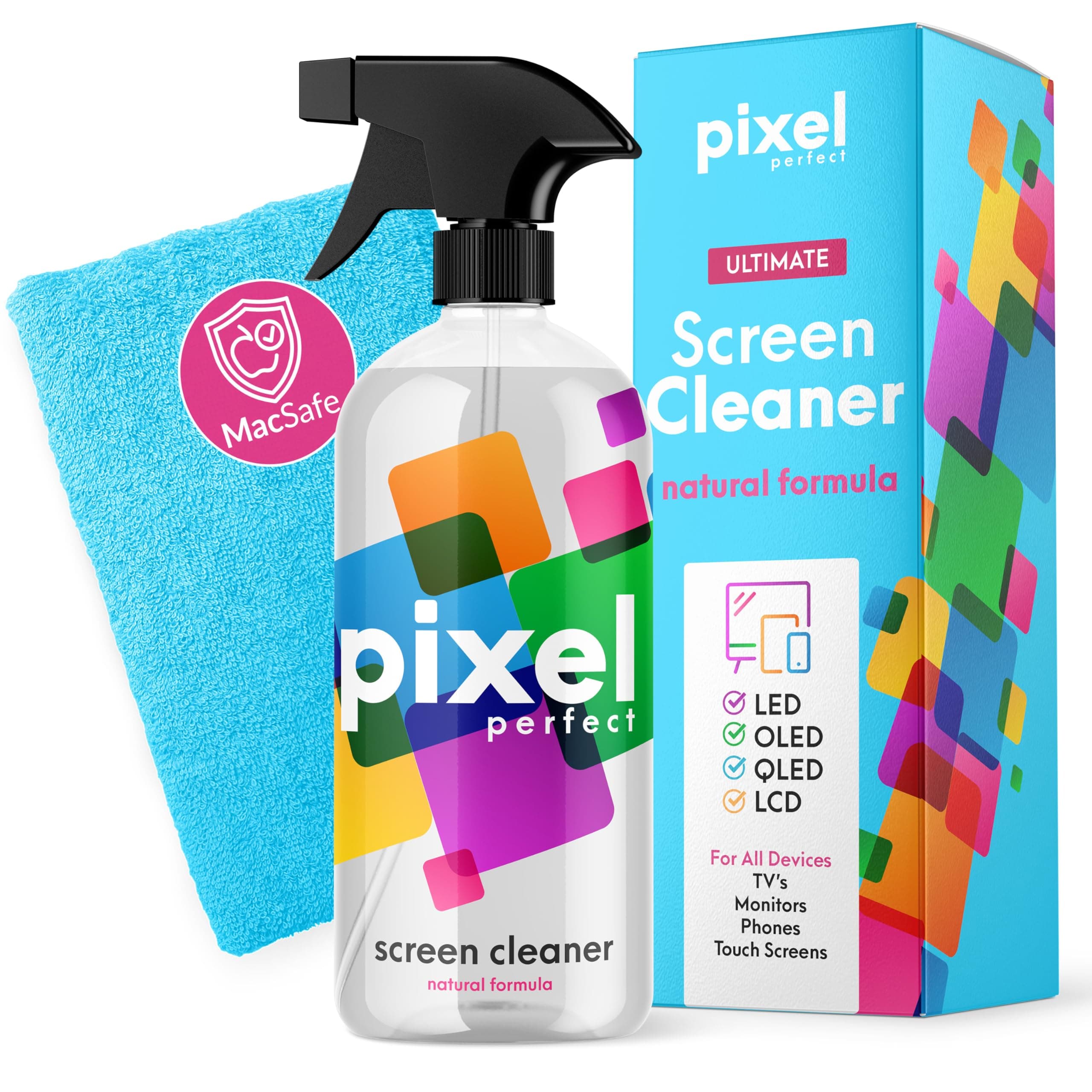 Pixel 500ml Screen Cleaner Spray & Microfiber Cloth Kit for LED, OLED, QLED, LCD TV, Laptops, Monitors, Phones, Tablets, Premium Natural Spray Cleaning Kit