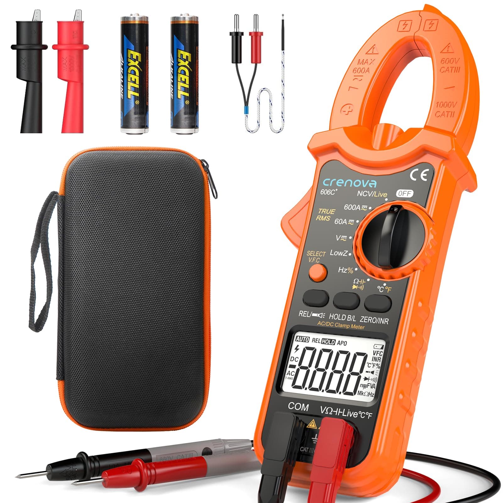 Clamp Meter, 6000 Counts TRMS Multimeter, Auto-Ranging Amp Meter with AC/DC Current/Voltage, Resistance, Capacitance, Frequency, Duty Cycle, Temperature, Continuity, Diode, NCV, Live Wire Test