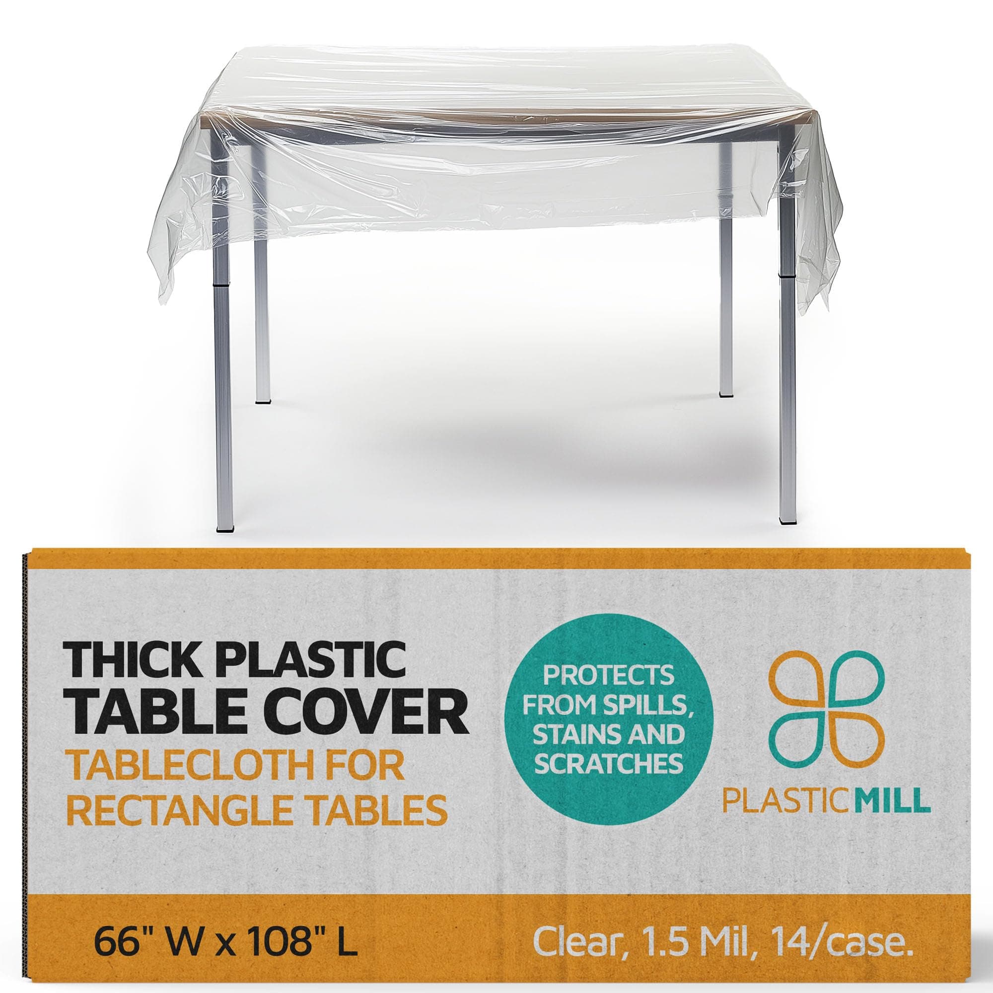PlasticMill Clear Plastic Table Cover - Clear Plastic Table Cloth - Dining Table Protector Cover - Tablecloth for Rectangle Tables, 1.5 Mil, 66" W x 108" L (14-Pack)