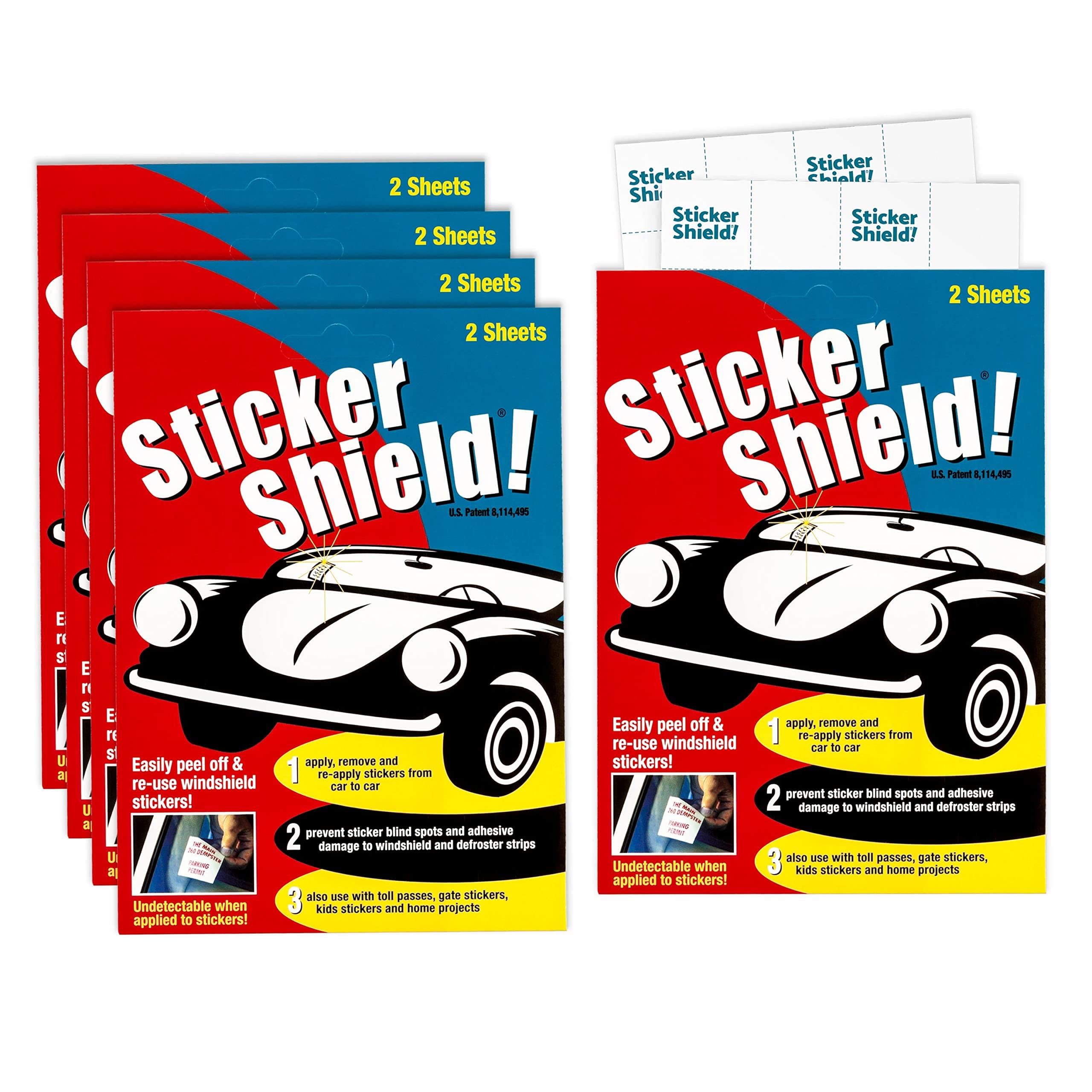 Sticker Shield - Windshield Sticker Applicator, Easy Application & Removal, Reusable, Clear Film, 4" x 6" Sheets (5 Packs, 10 Sheets Total)