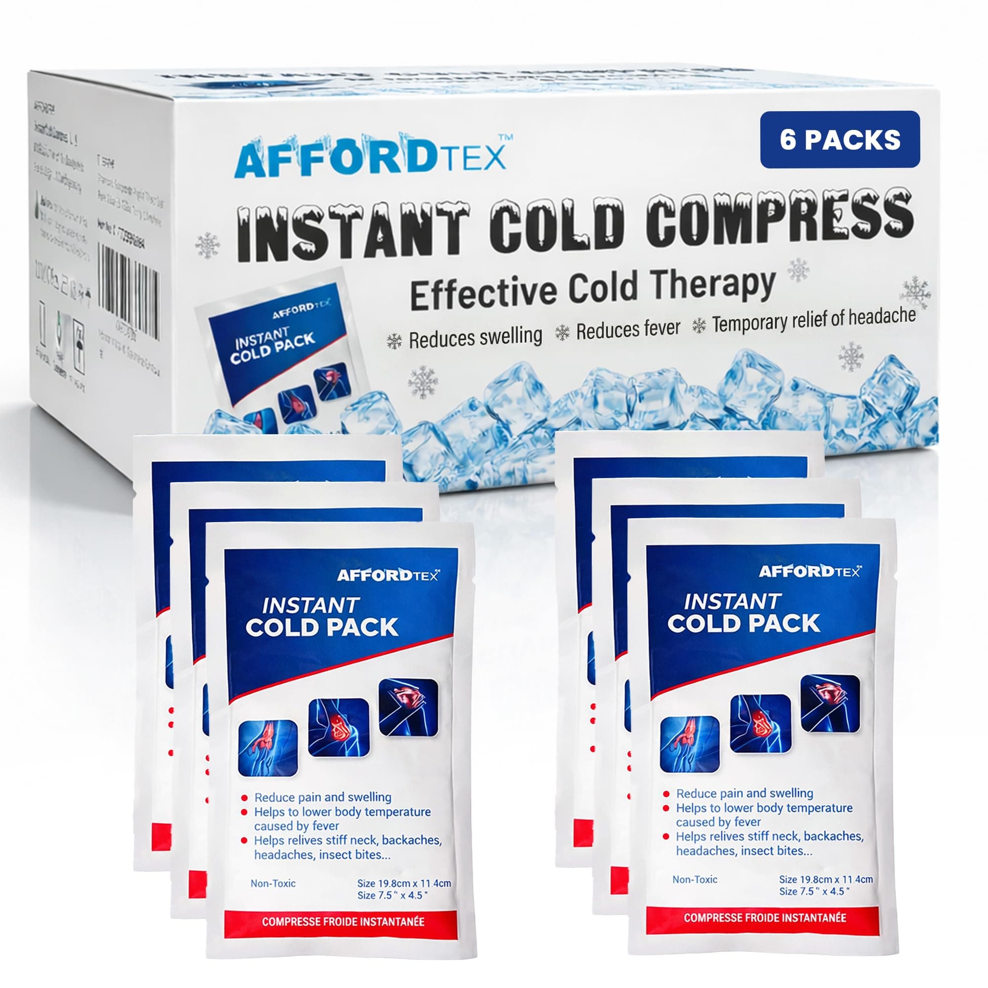 Instant Cold Pack, Disposable, Large, 7.5 x 4.5 Inches, Ice Packs for Pain Relief (6 per Pk)