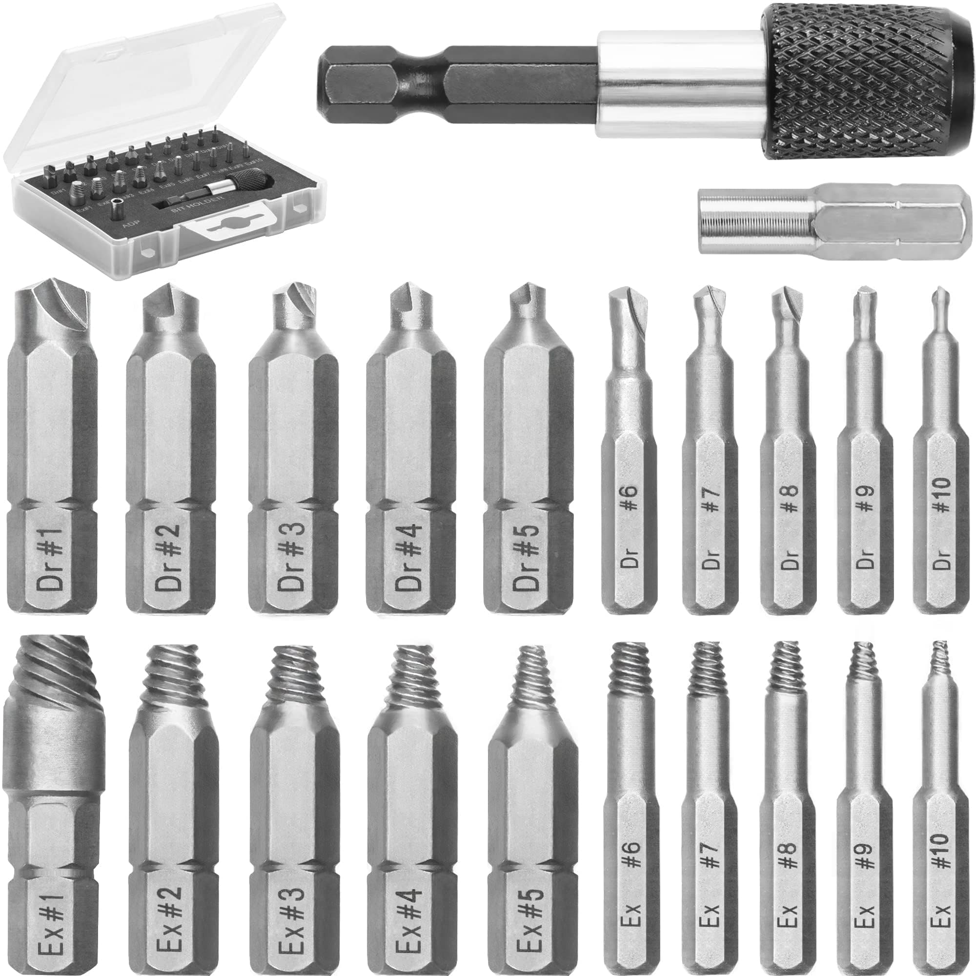 Screw Extractor Set for Stripped, Broken, Damaged Screws - 22 pc, Silver - Remover Kit w/Drill Bits, Extractors, Bit Extension & Socket Adapter