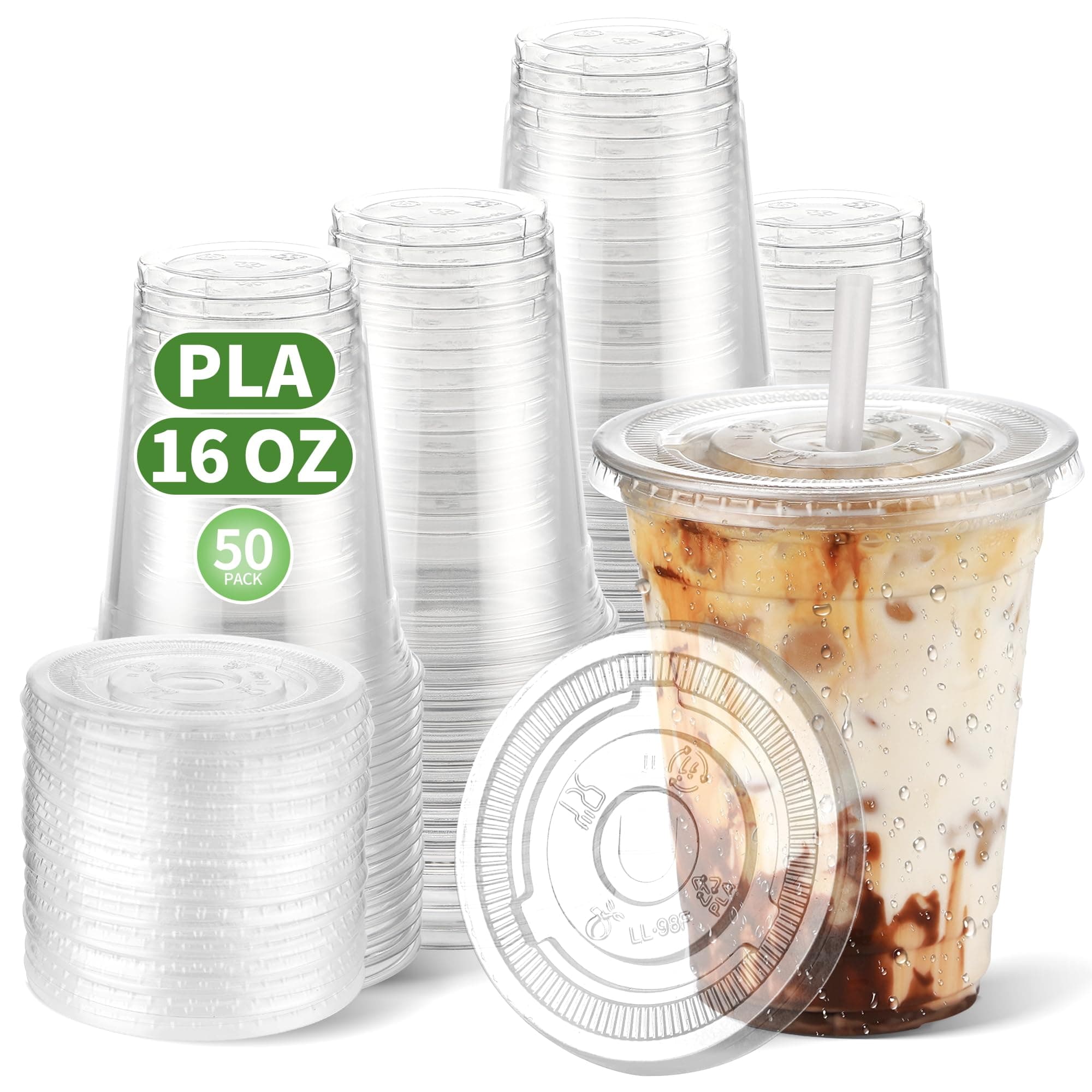 16 OZ Compostable Clear Plastic Disposable Iced Coffee Cups with Flat Lids, Biodegradable Cold Drinking To Go Coffee Cups for Party Smoothie, Slushy, Milkshake Lemonade 50 Sets