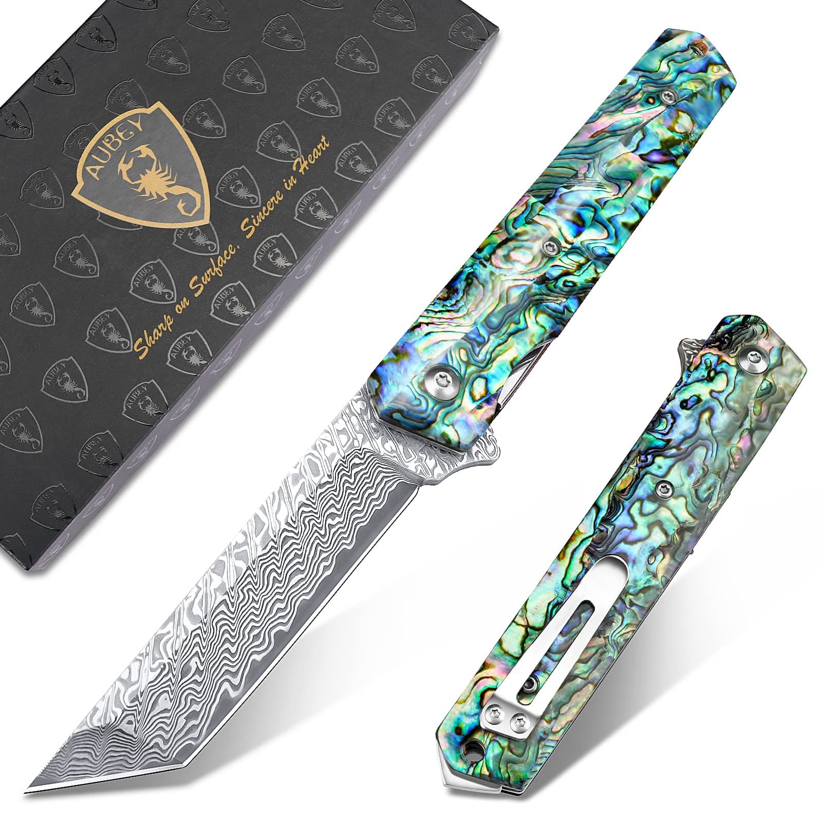 AUBEY Damascus Pocket Knife with Clip, Sharp Tanto Blade with VG10 Core Folding Knife with Abalone Shell Handle and Glass Breaker, EDC Camping Knife for Gift Survival Collection