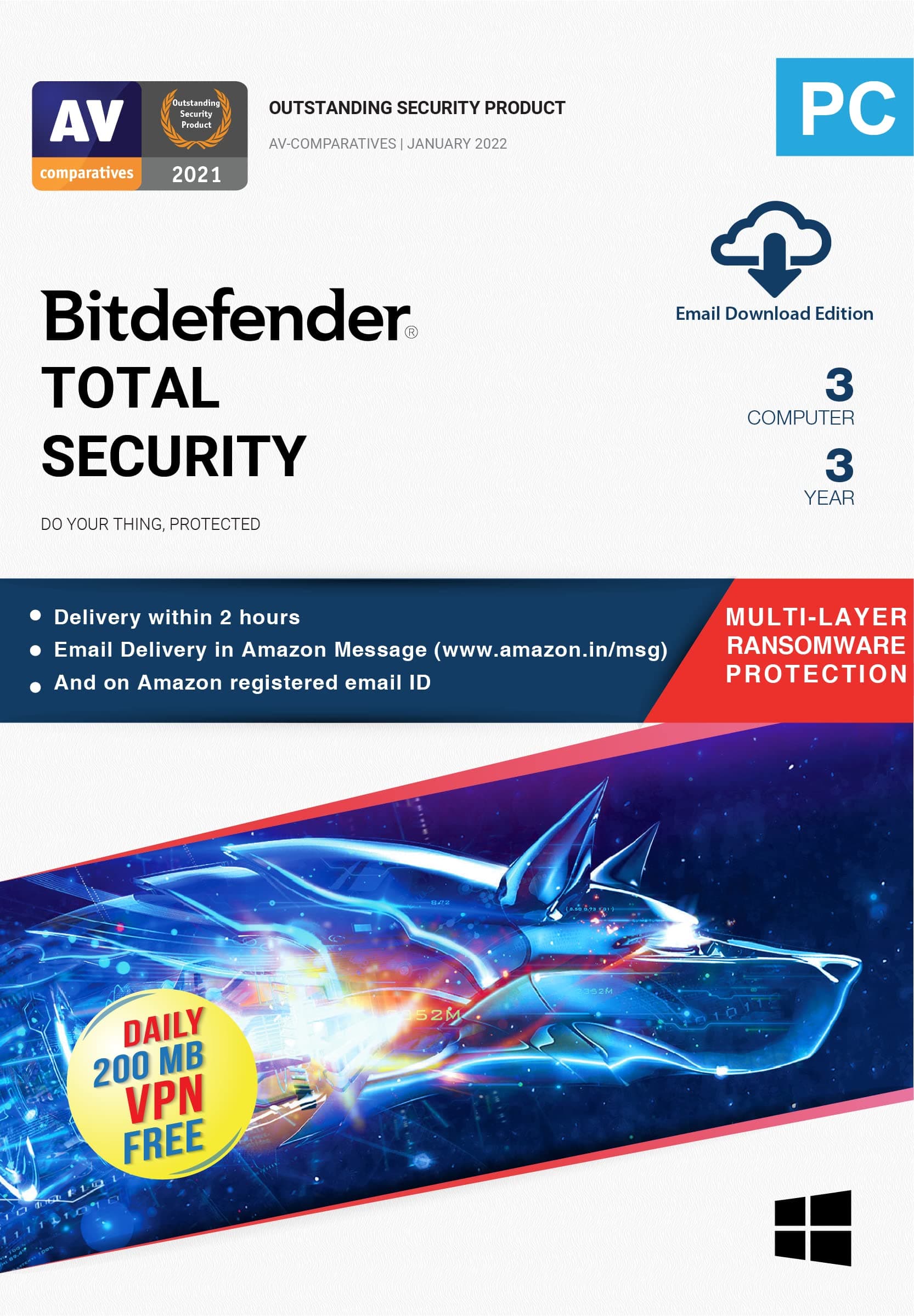 Bitdefender - 3 Computer,3 Years - Total Security | Windows | Latest Version | (Single Activation Code) Email Delivery in 2 Hours- No CD |