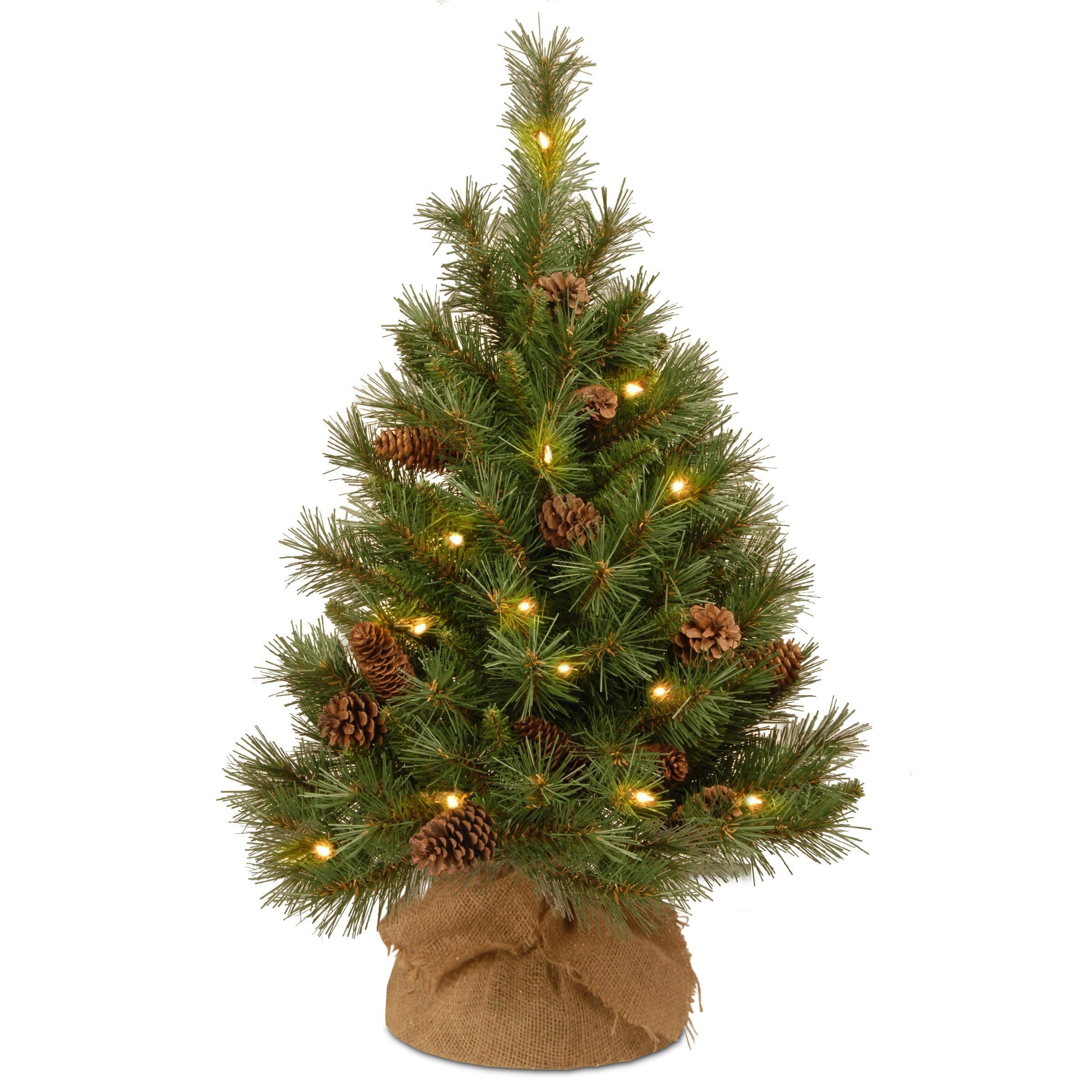 National Tree Company 3 ft Pre-Lit Mini Artificial Christmas Tree, Pinecones, 35 Clear LED Lights, 144 Tips, Timer, Burlap Base, Green