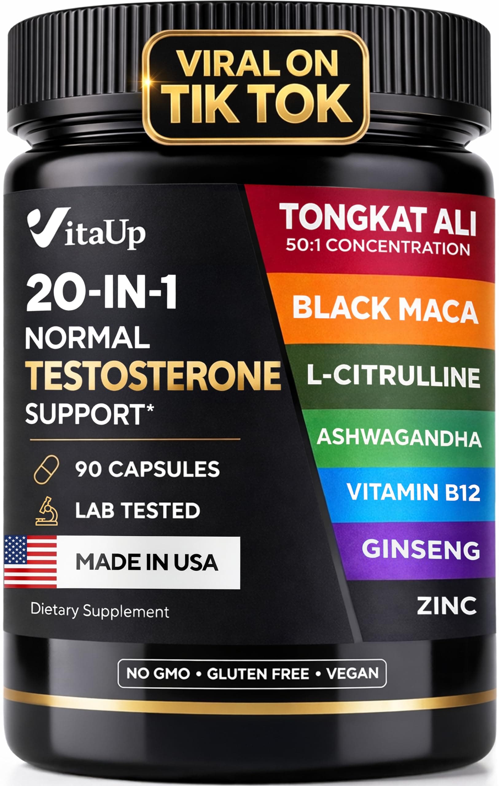 VitaUp Normal Testosterone Supplement for Men - USA Made Normal Testosterone Support with Tongkat Ali, Black Maca Root, Zinc, Vitamin B12, Ashwagandha - 20 in 1 Advanced Complex - 90 Vegan Caps