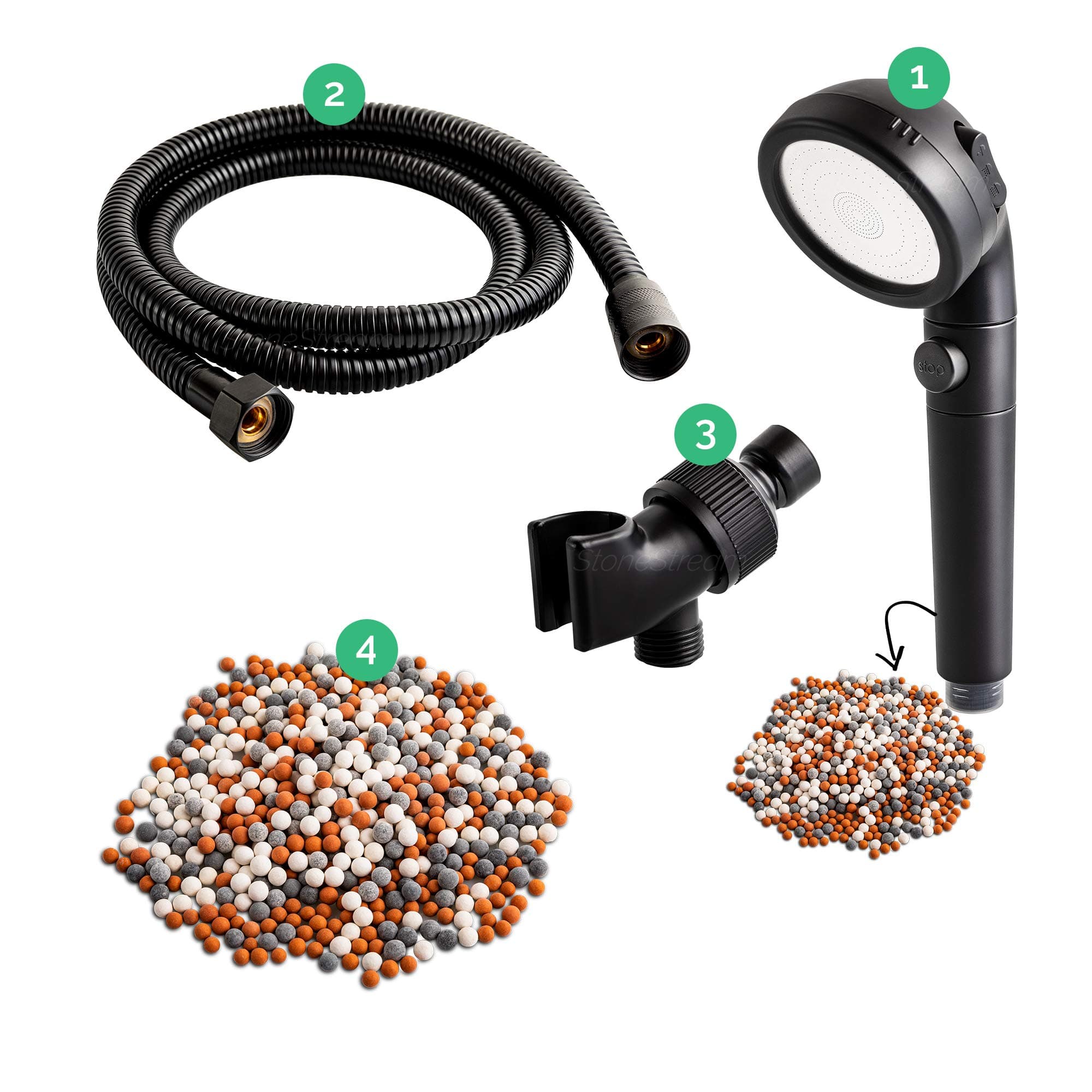 - Original StoneStream® EcoPower Shower Head System — Spa Like Ionic Filter to Soften Water, Increase Pressure & Save Water — Multi Function Showerhead + 4-in-1 Wall Adapter Kit — Matte Black