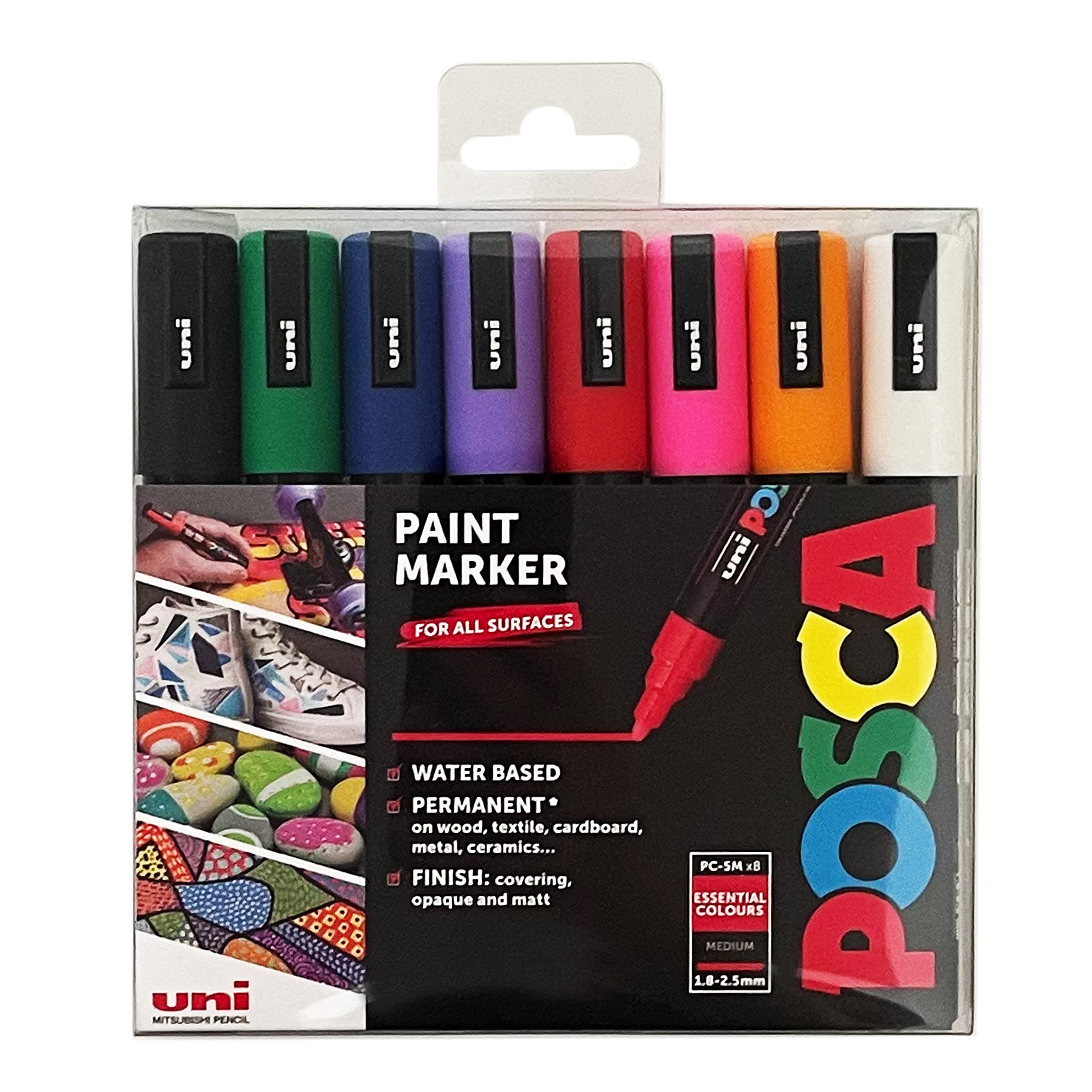 Posca Pens PC-5M Medium Acrylic Coloured Permanent Paint Markers for Adults. Perfect for Colouring, Fabric, Graffiti, Watercolour, Outline Drawing, Window and Glass Art. 8 Pack