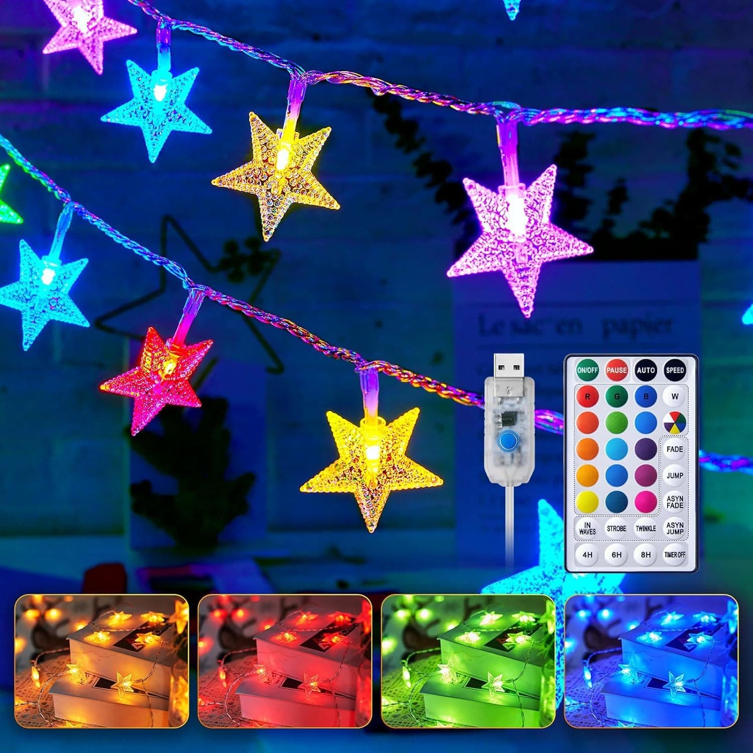 USB Star String Lights - 39 ft 100 LED Color Changing Star Fairy Lights with Remote and Timer, 16 Single Colors and 7 Modes Starry Lights for Bedroom Dorm Tent Bed Patio Christmas Party Indoor