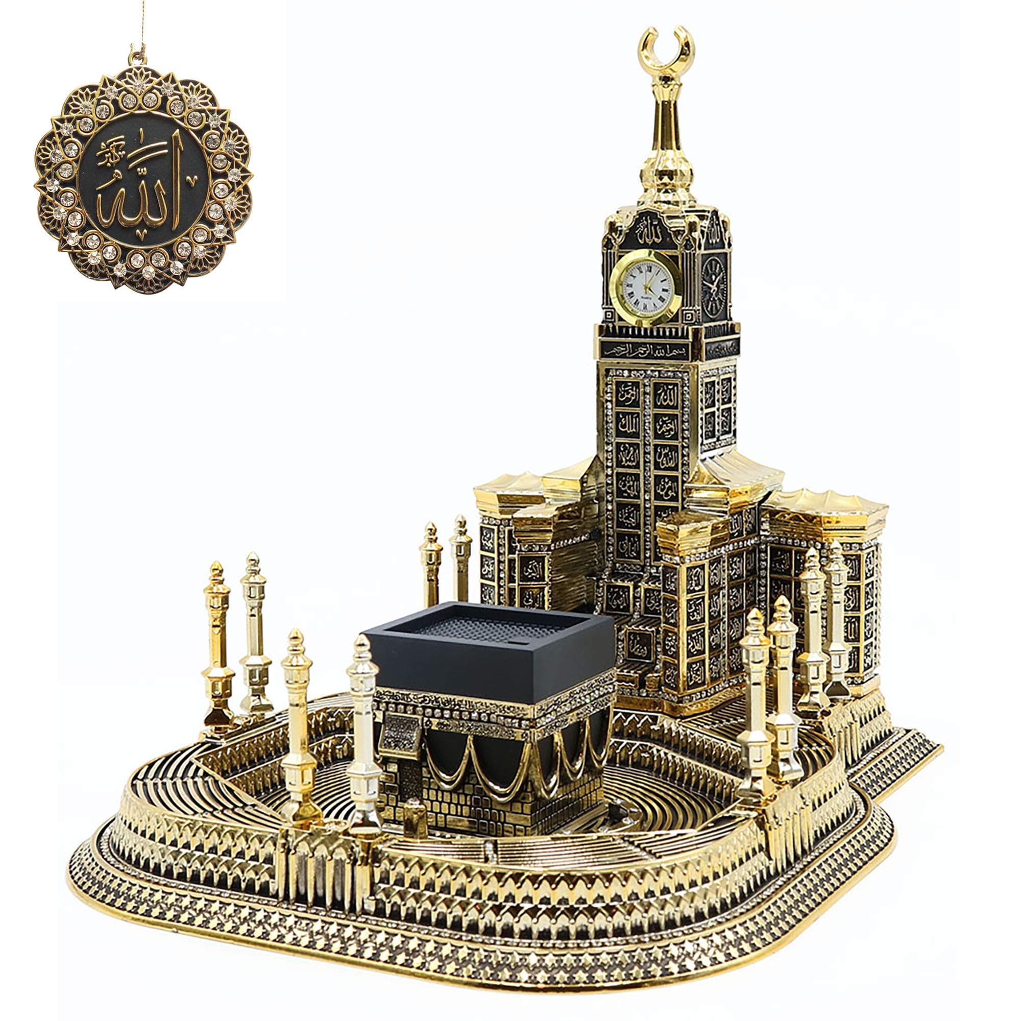 Islamic Table Decor – Kaba Clock Tower Replica with 99 Names of Allah & Car Hanger - Muslim Home Decor - Islamic Art Muslim Gifts for Ramadan, Eid Decoration - Gold (Large)