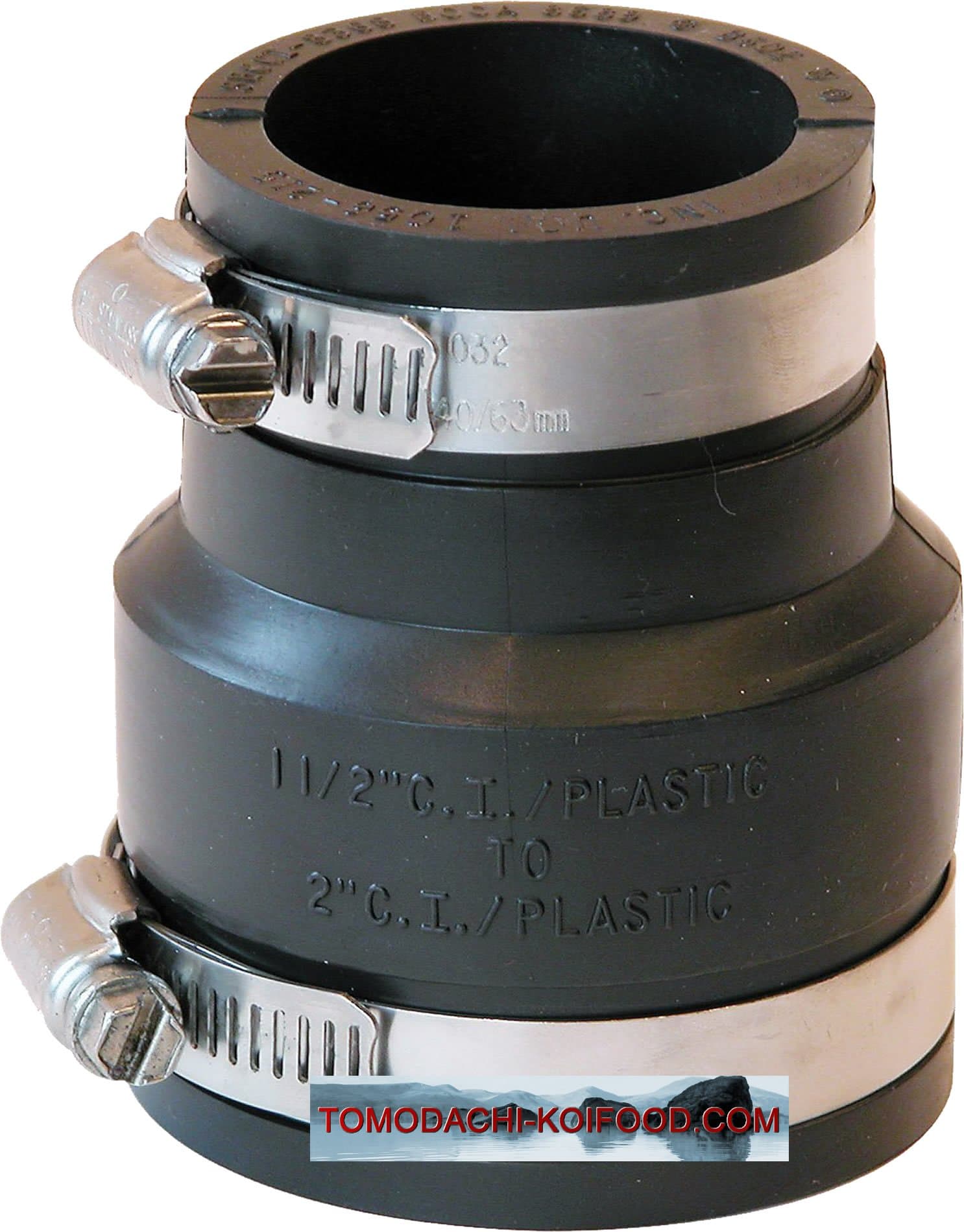 PVC rubber reducer, flexible reducer, flex-fitting for connection of two pipes of different sizes, flex-fitting of PVC elastomer for pond piping, pump installation, repair or refurbishment of leaking pipe points in the home, garden and on the Koi pond, flexible rubber reduction.